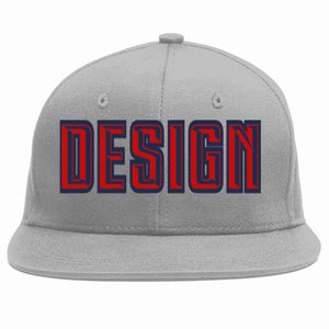 Custom Gray Red-Navy Flat Eaves Sport Baseball Cap Design for Men/Women/Youth