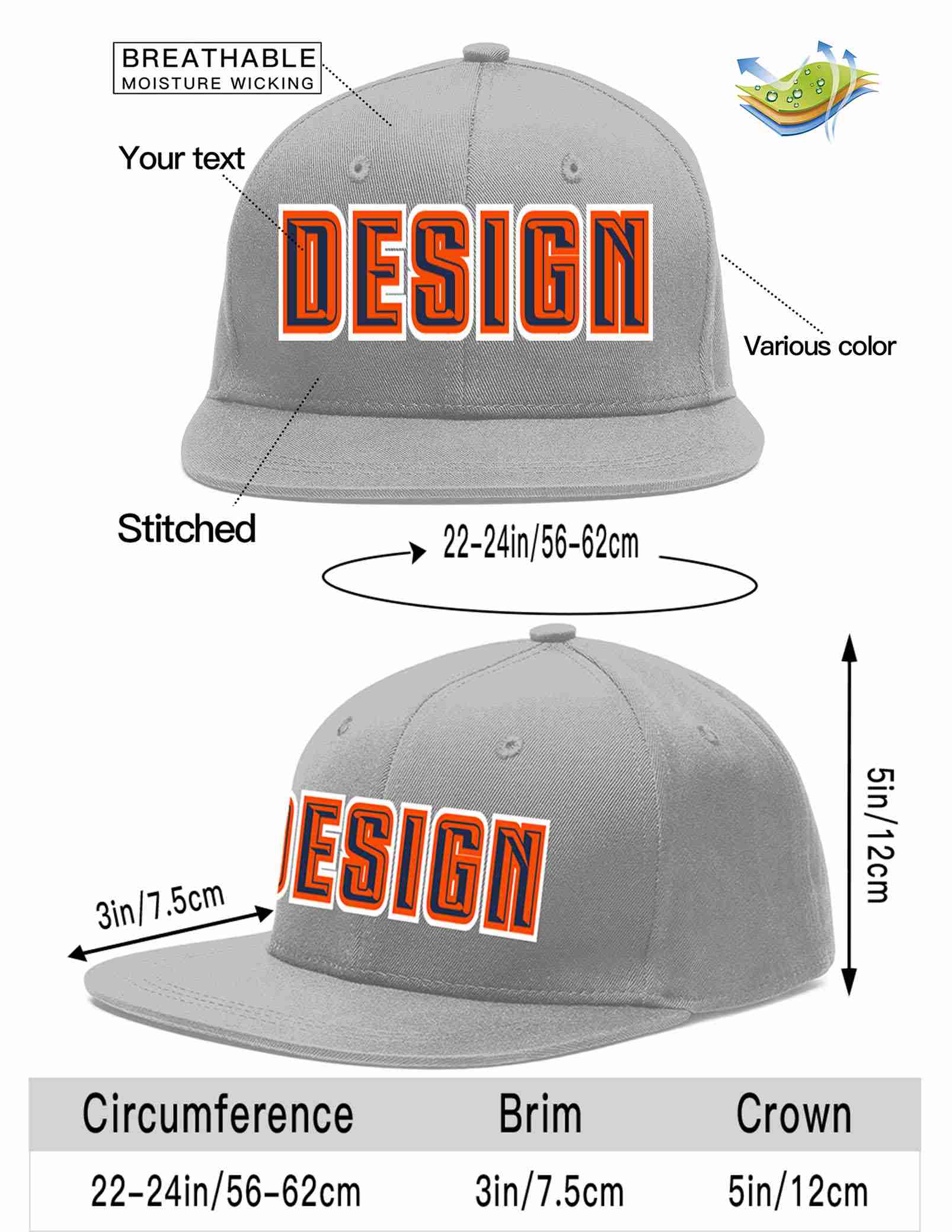 Custom Gray Navy-Orange Flat Eaves Sport Baseball Cap Design for Men/Women/Youth