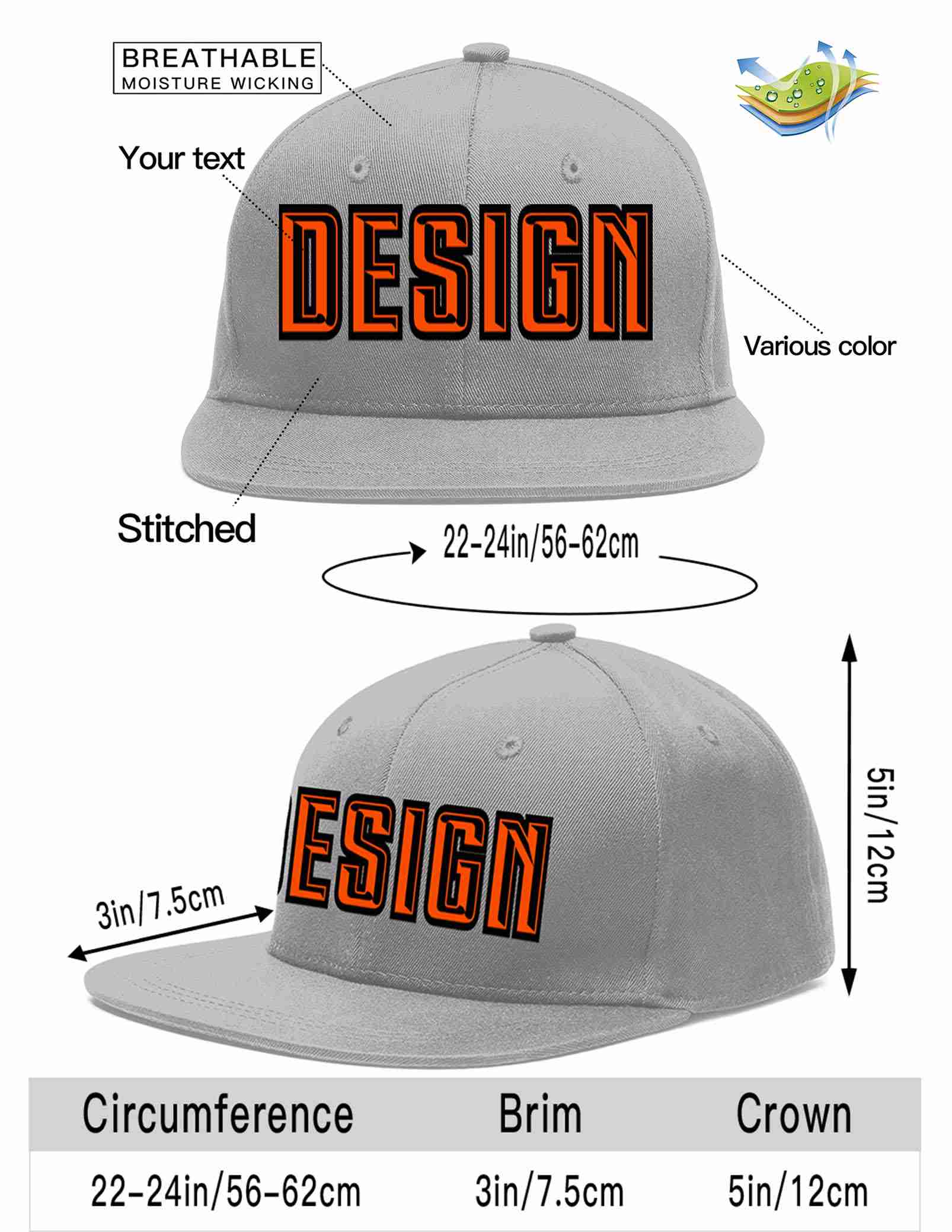 Custom Gray Orange-Black Flat Eaves Sport Baseball Cap Design for Men/Women/Youth