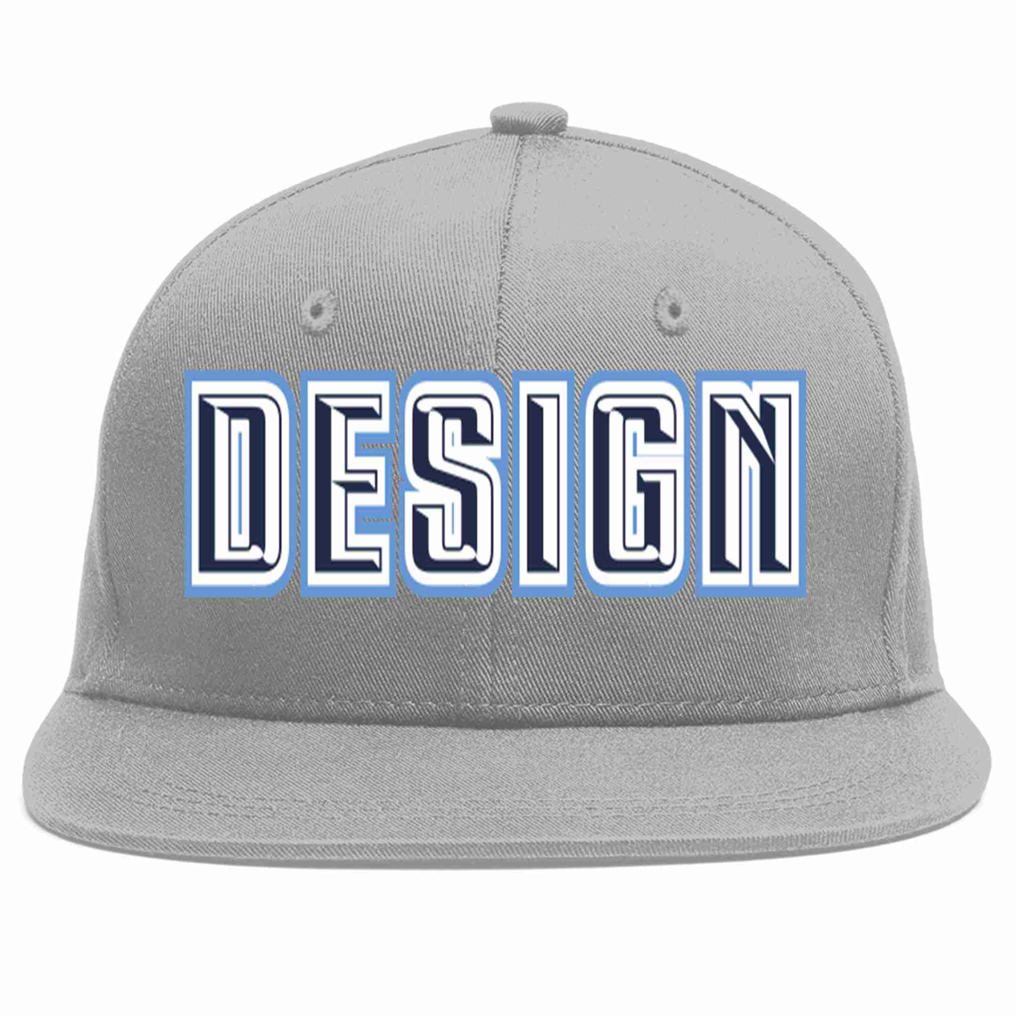 Custom Gray Navy-White Flat Eaves Sport Baseball Cap Design for Men/Women/Youth