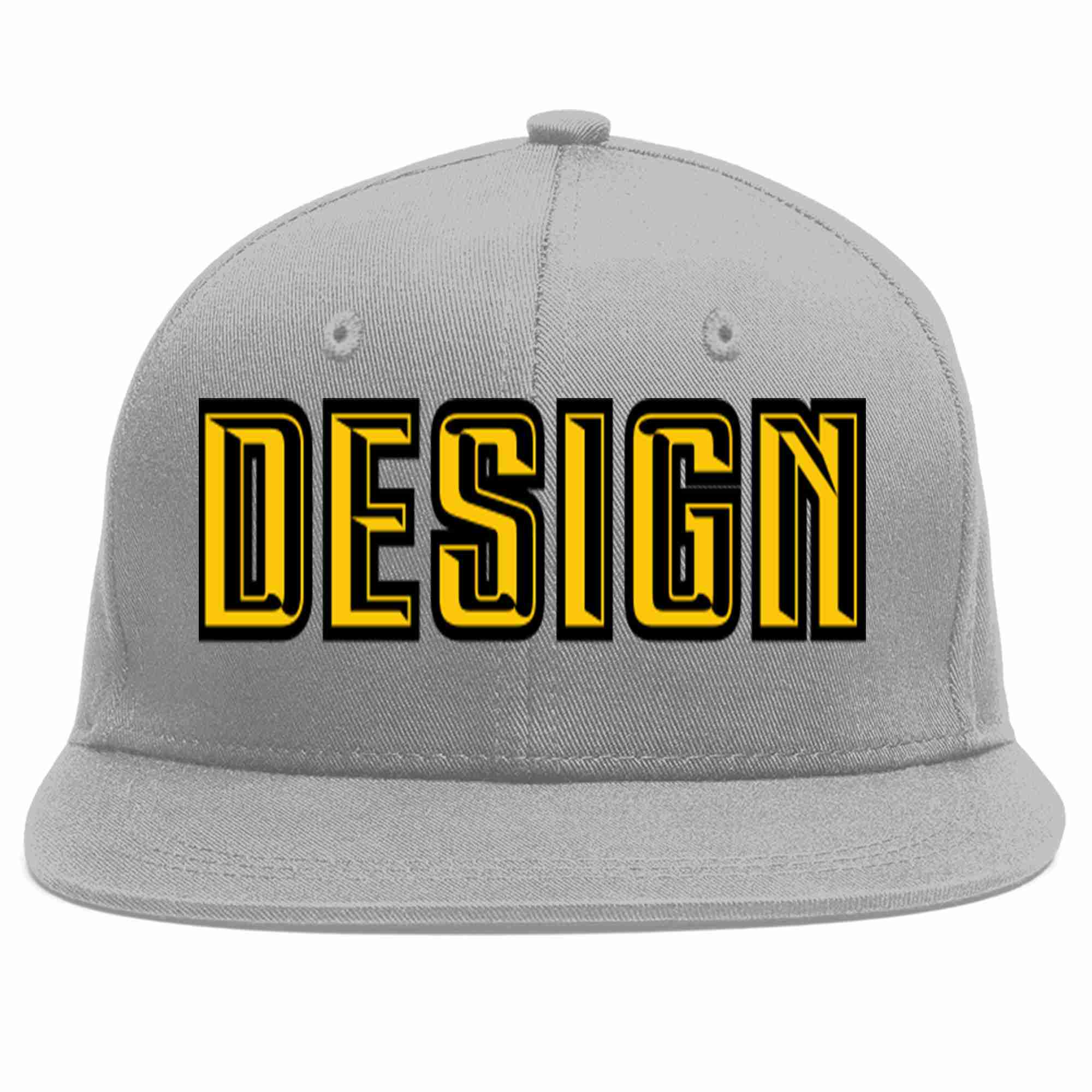 Custom Gray Gold-Black Flat Eaves Sport Baseball Cap Design for Men/Women/Youth