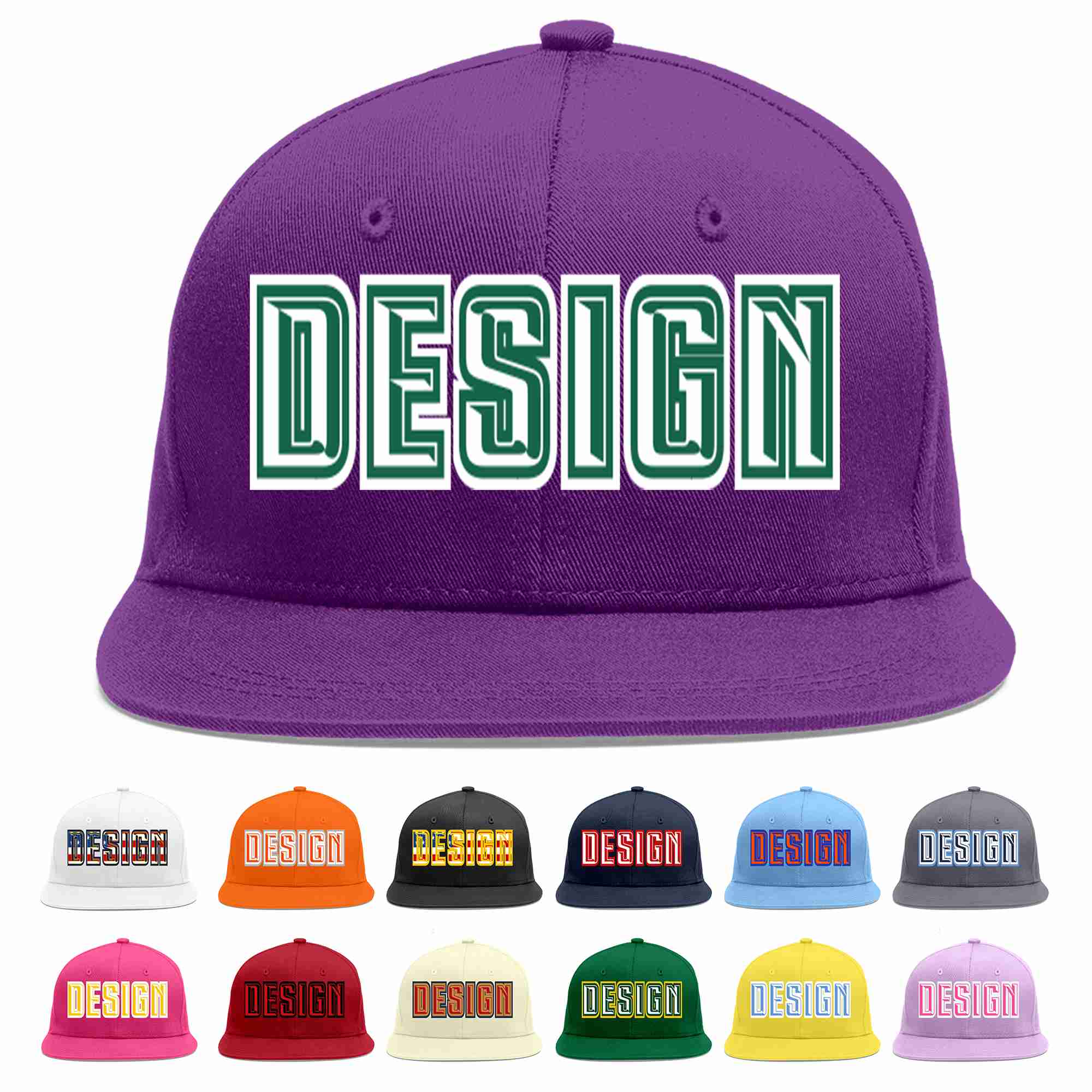 Conception personnalisée de casquette de baseball de sport à avant-toit plat violet blanc-vert Kelly pour hommes/femmes/jeunes