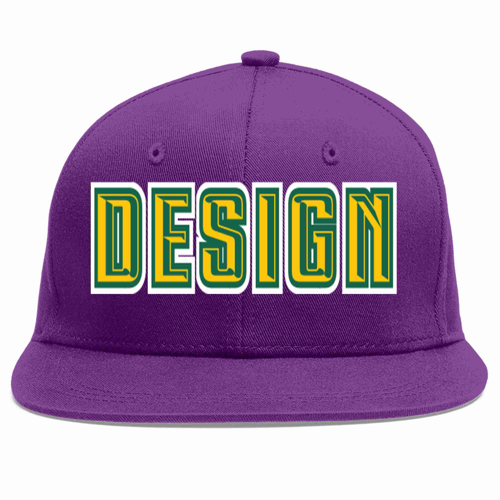 Custom Purple Gold-Kelly Green Flat Eaves Sport Baseball Cap Design for Men/Women/Youth