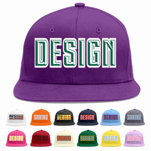 Custom Purple Kelly Green-White Flat Eaves Sport Baseball Cap Design for Men/Women/Youth