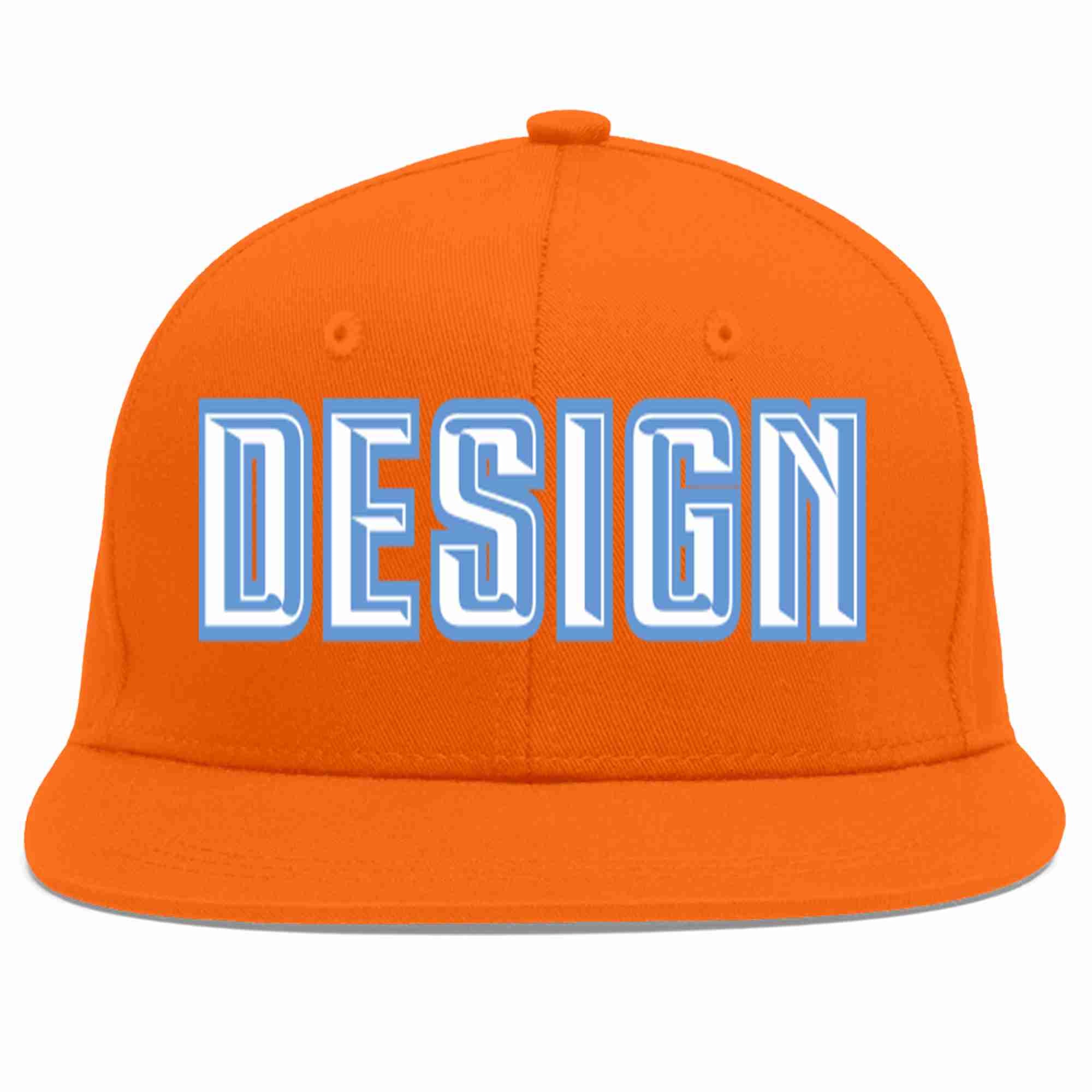 Conception personnalisée de casquette de baseball de sport à avant-toit plat orange blanc-bleu clair pour hommes/femmes/jeunes