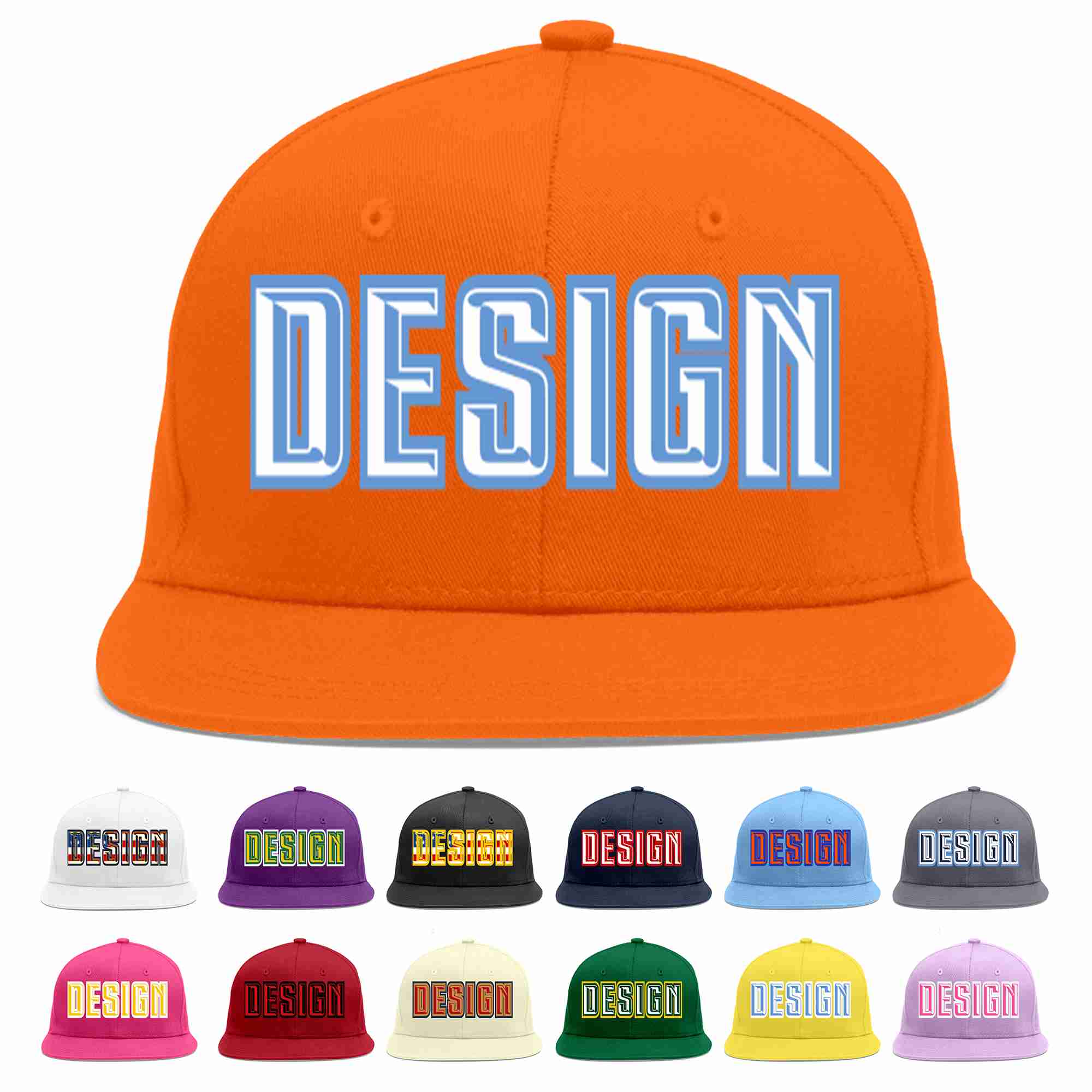 Conception personnalisée de casquette de baseball de sport à avant-toit plat orange blanc-bleu clair pour hommes/femmes/jeunes