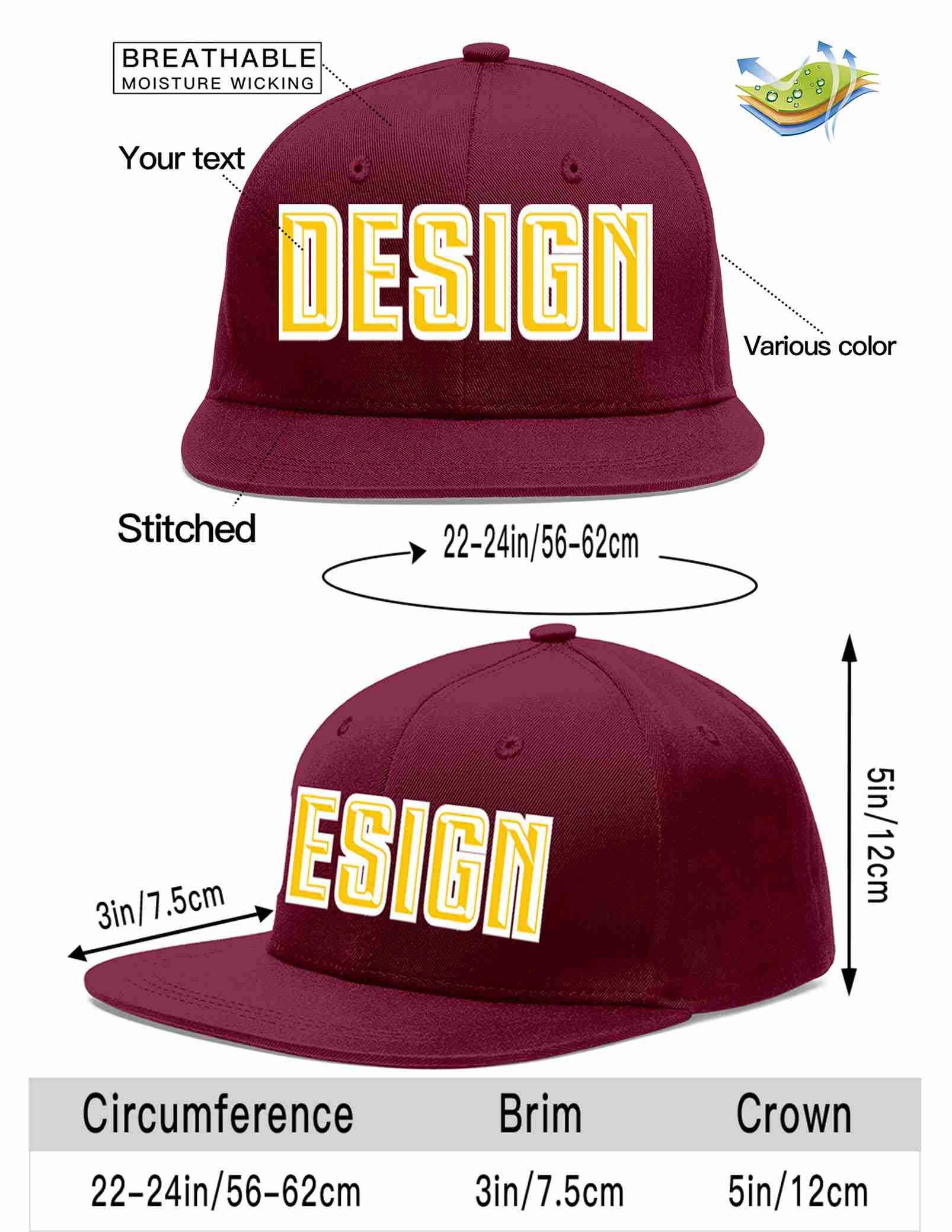 Custom Crimson Gold-White Flat Eaves Sport Baseball Cap Design for Men/Women/Youth