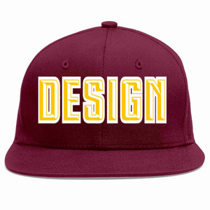 Custom Crimson Gold-White Flat Eaves Sport Baseball Cap Design for Men/Women/Youth