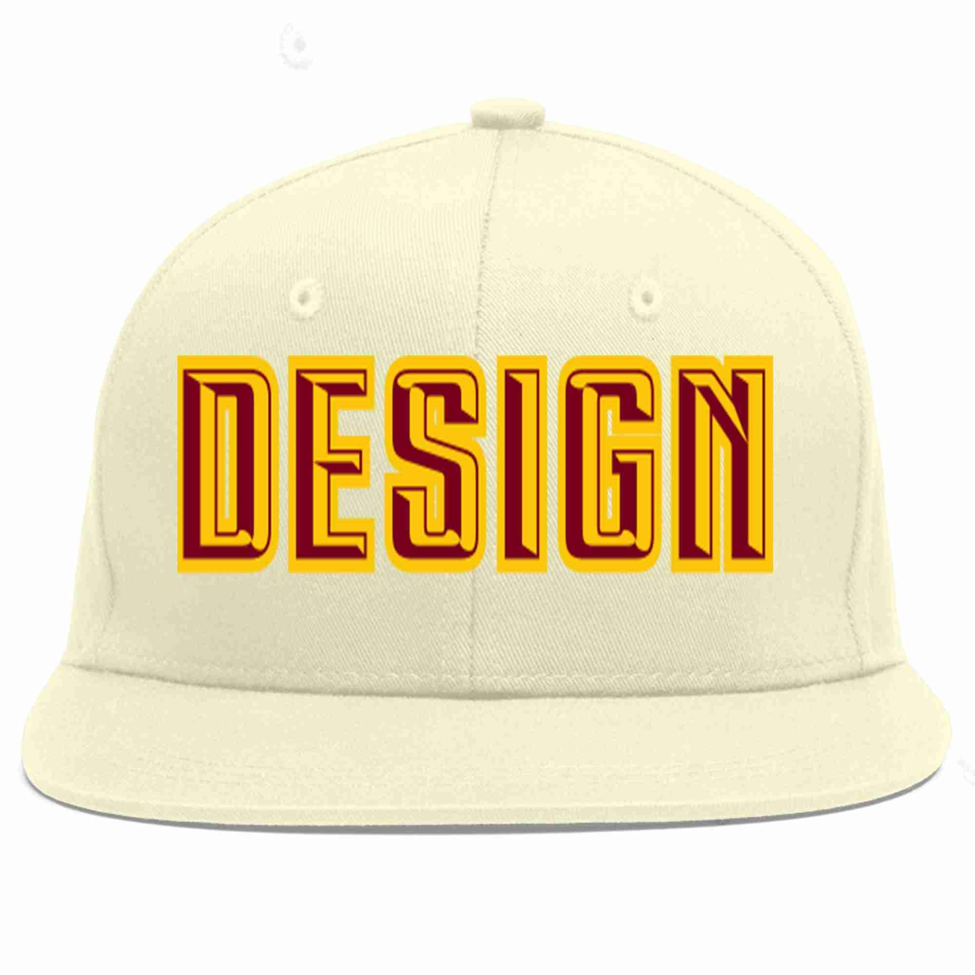 Custom Cream Crimson-Gold Flat Eaves Sport Baseball Cap Design for Men/Women/Youth