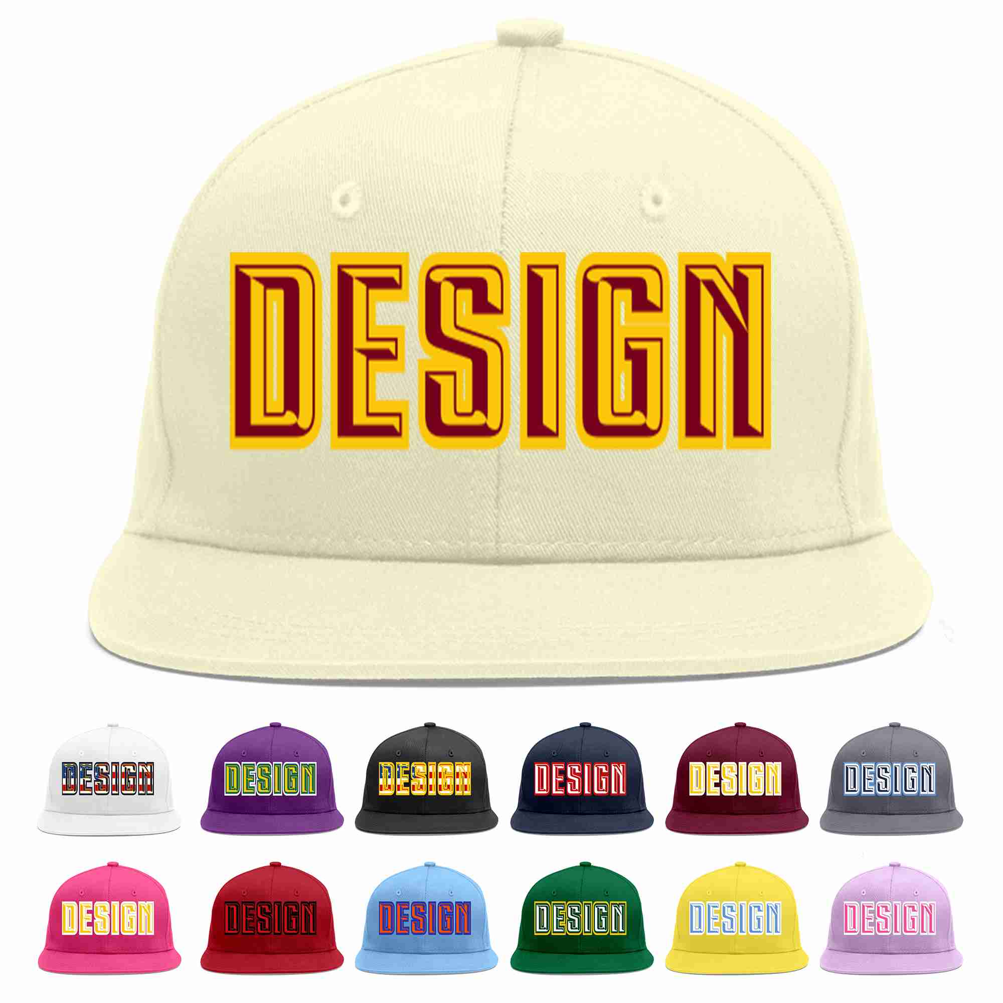 Custom Cream Crimson-Gold Flat Eaves Sport Baseball Cap Design for Men/Women/Youth