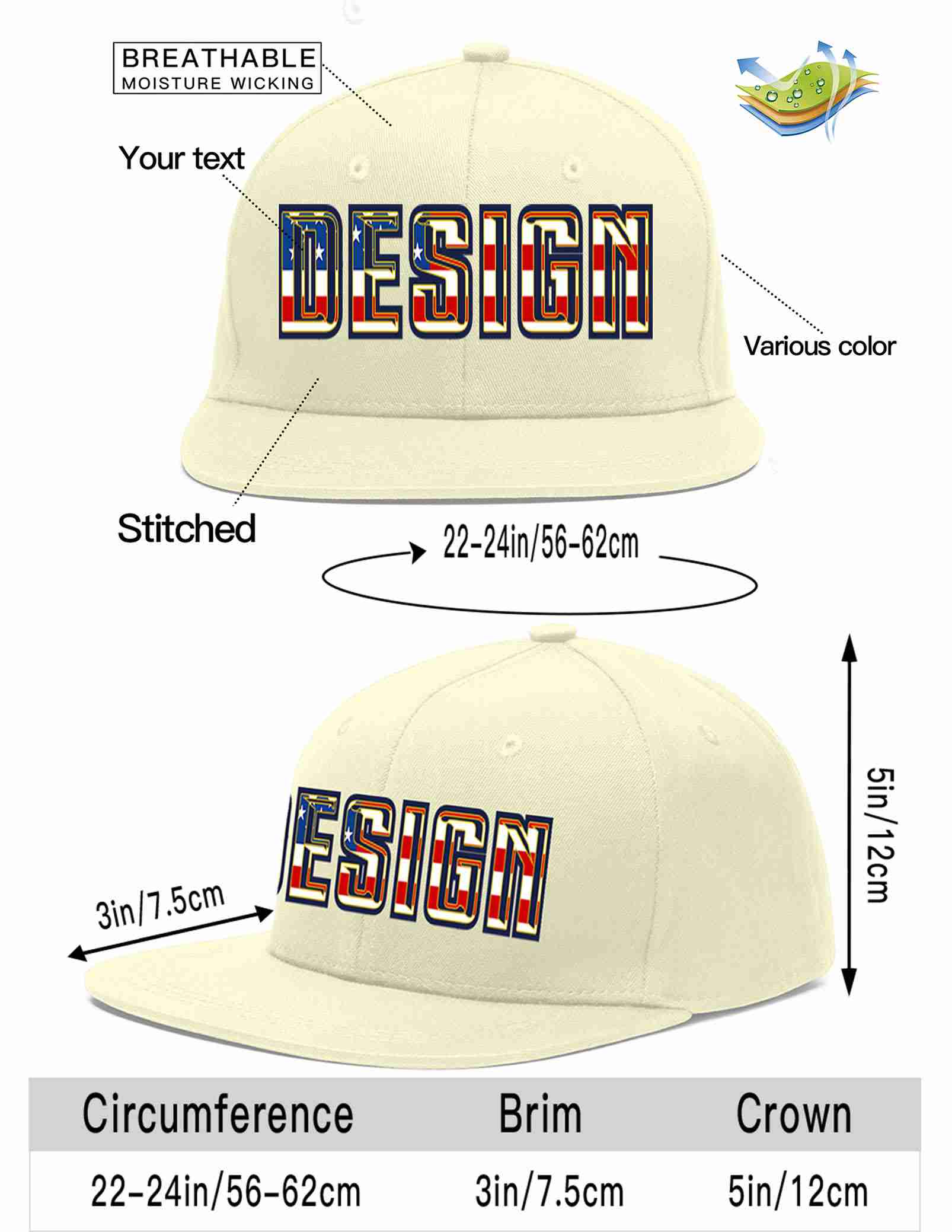 Custom Cream Vintage USA Flag-Gold Flat Eaves Sport Baseball Cap Design for Men/Women/Youth