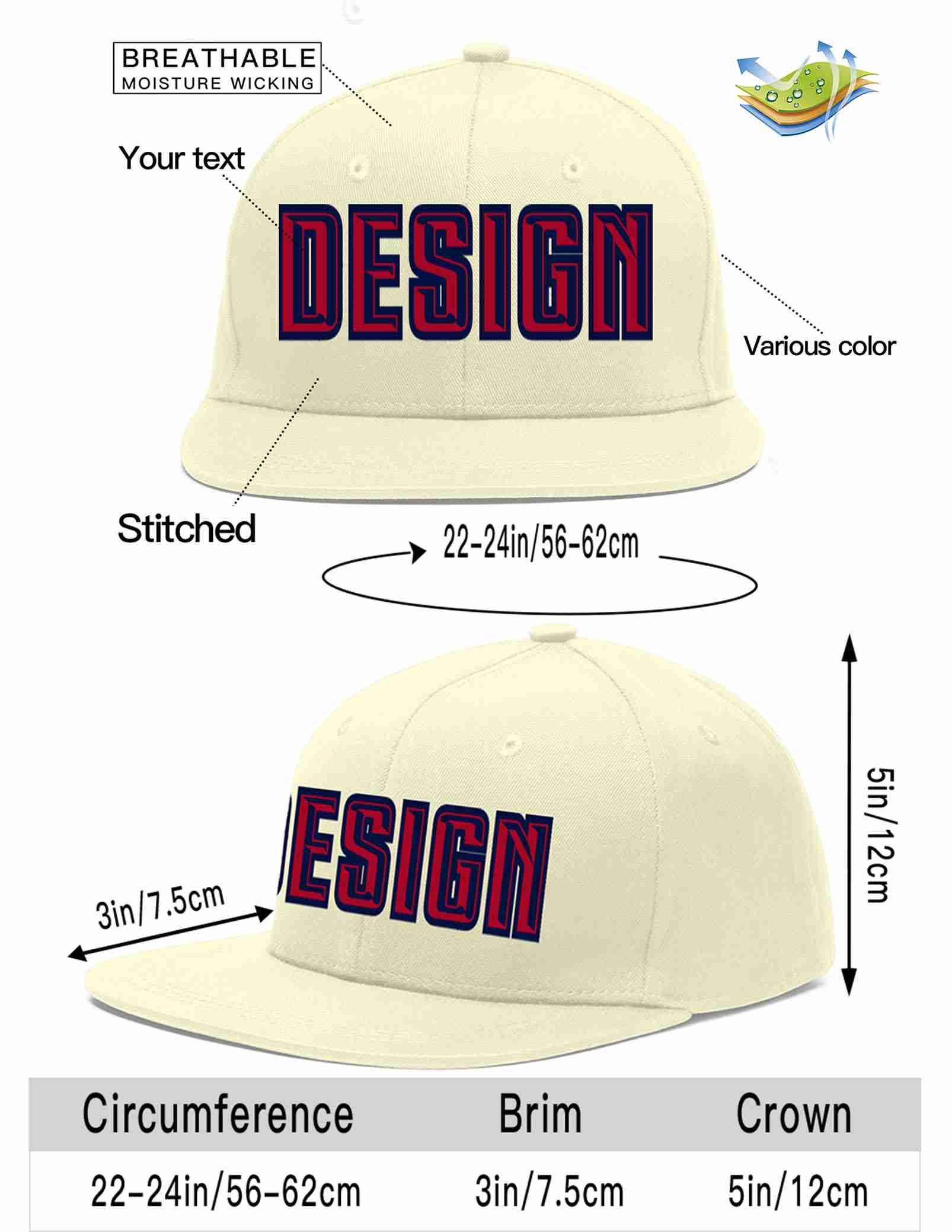 Custom Cream Red-Navy Flat Eaves Sport Baseball Cap Design for Men/Women/Youth