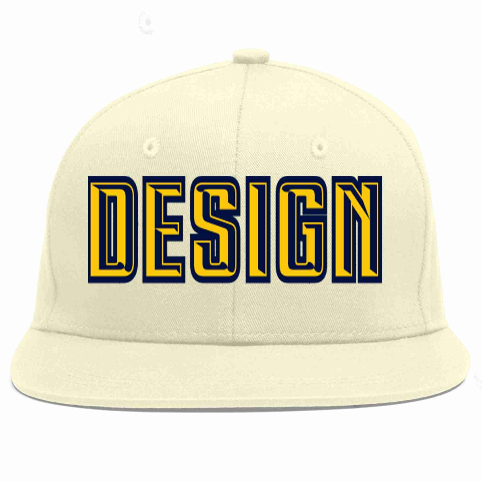 Custom Cream Gold-Navy Flat Eaves Sport Baseball Cap Design for Men/Women/Youth