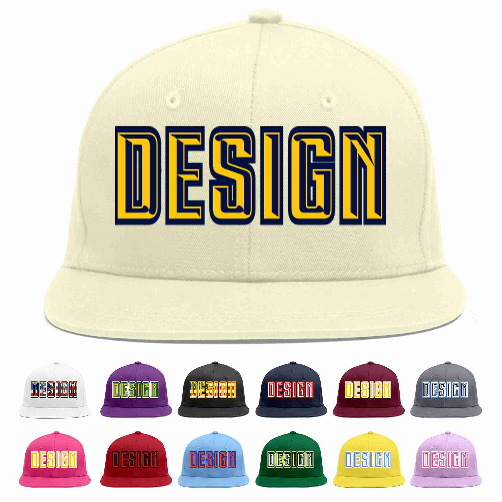 Custom Cream Gold-Navy Flat Eaves Sport Baseball Cap Design for Men/Women/Youth