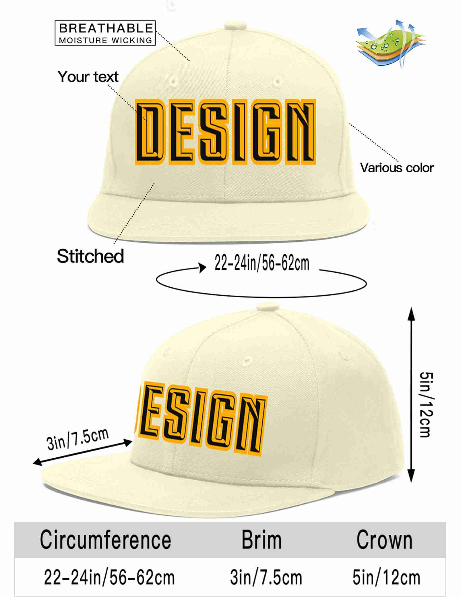 Custom Cream Black-Yellow Flat Eaves Sport Baseball Cap Design for Men/Women/Youth