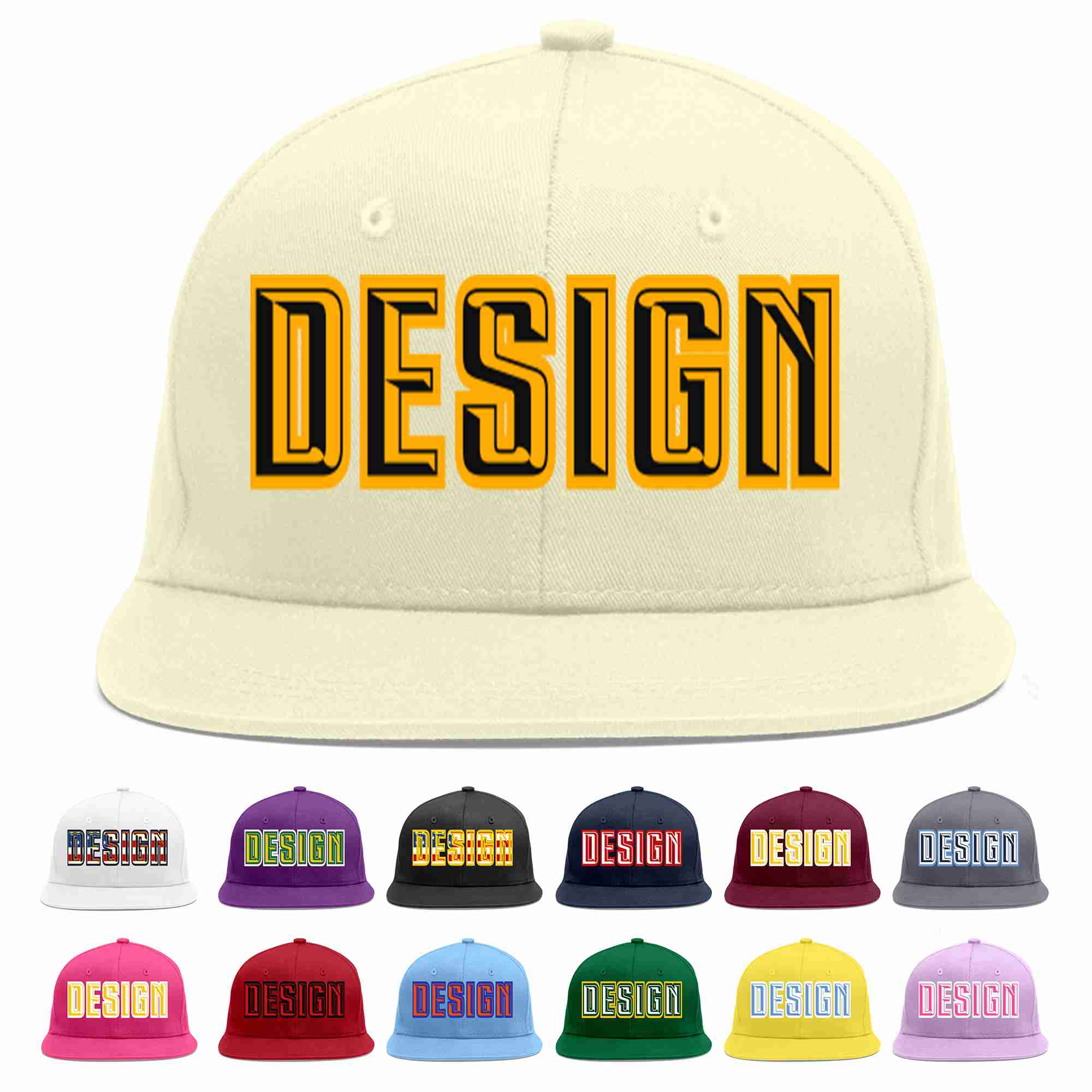 Custom Cream Black-Yellow Flat Eaves Sport Baseball Cap Design for Men/Women/Youth