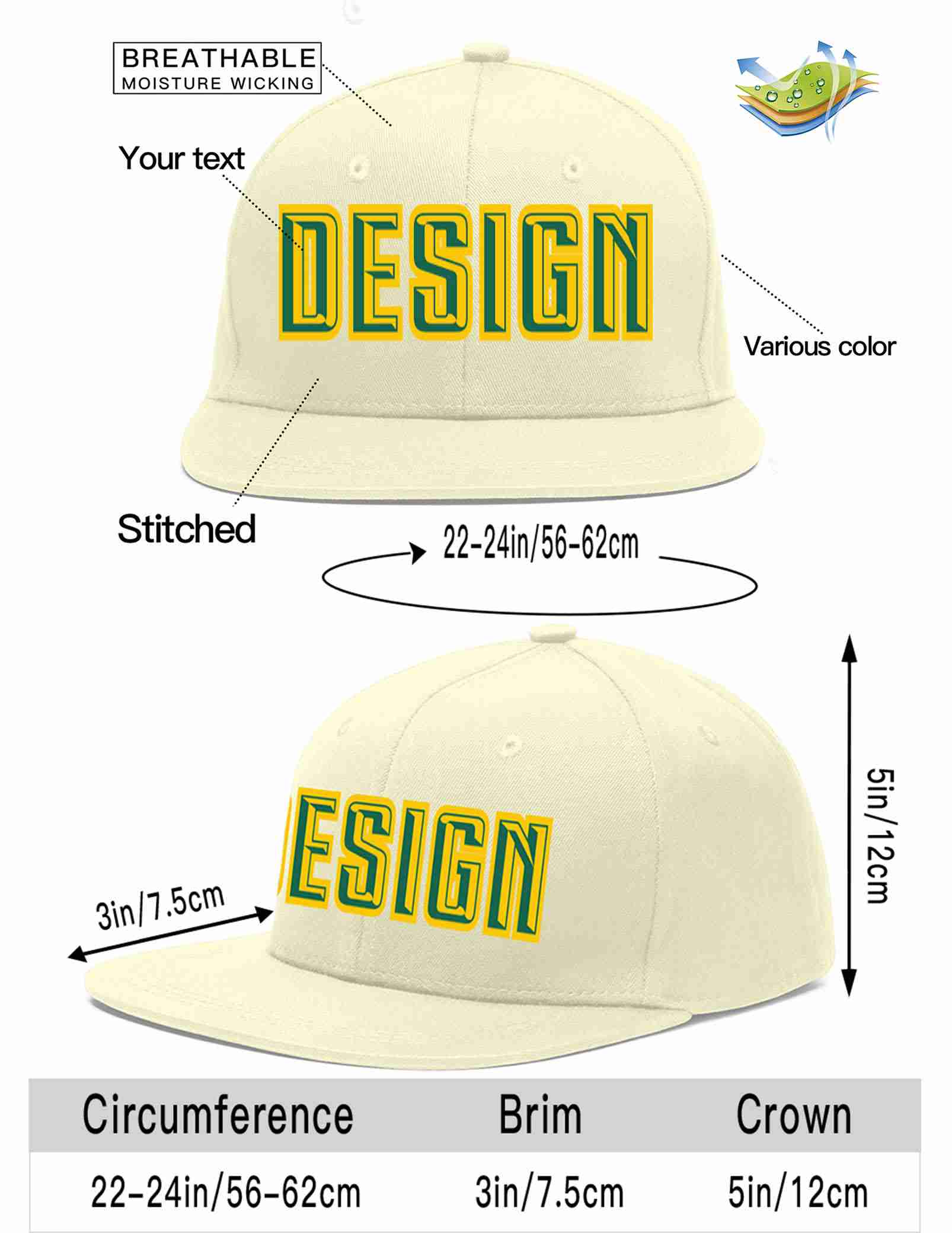 Custom Cream Kelly Green-Gold Flat Eaves Sport Baseball Cap Design for Men/Women/Youth