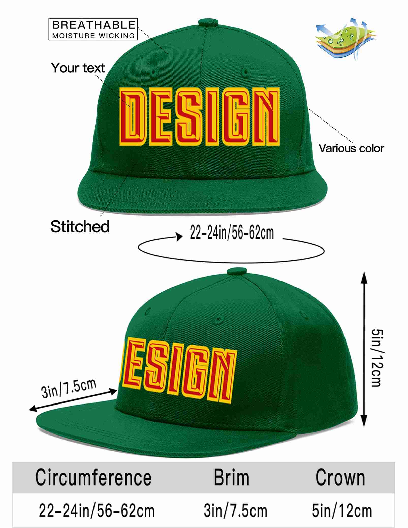 Conception personnalisée de casquette de baseball de sport à avant-toit plat vert rouge-jaune pour hommes/femmes/jeunes