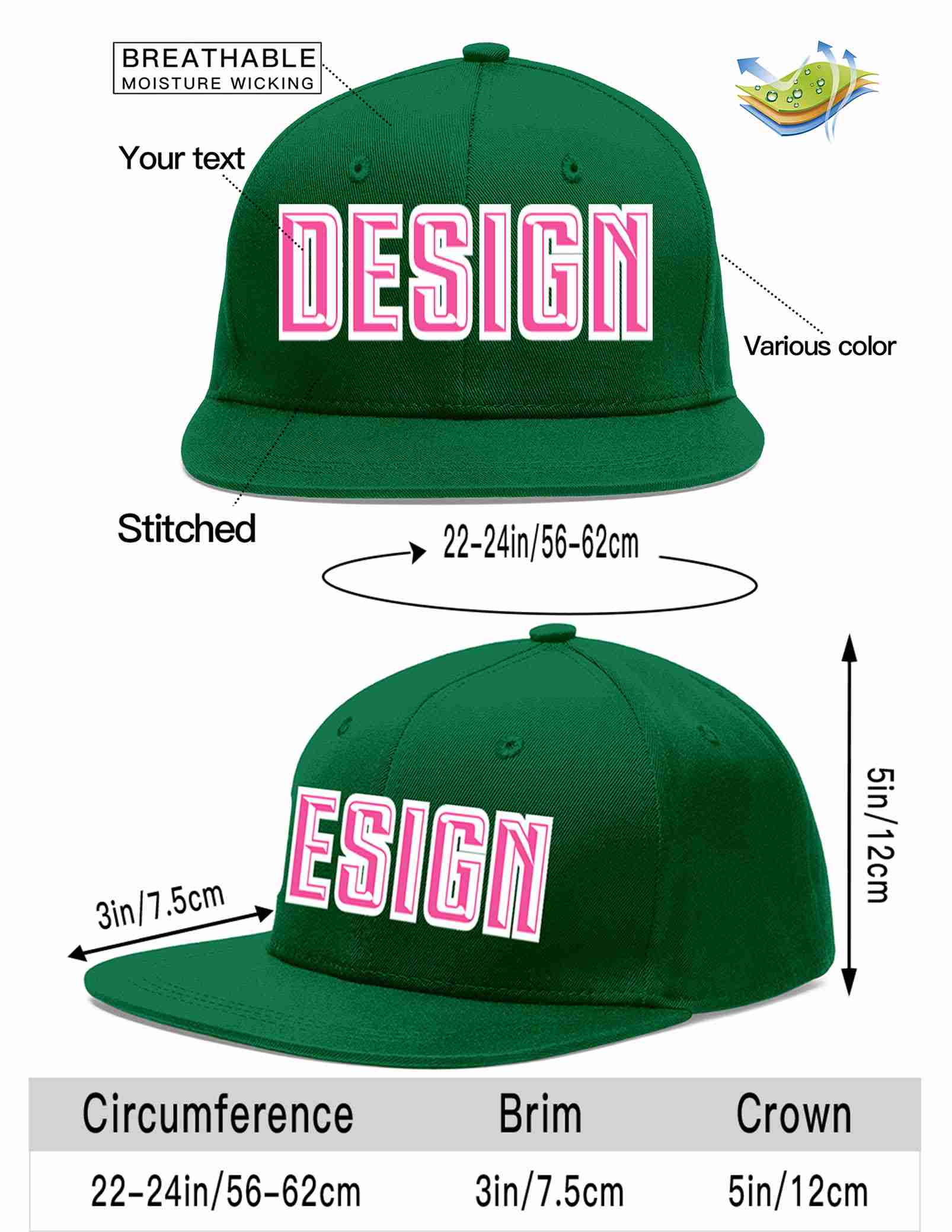 Custom Green Pink-White Flat Eaves Sport Baseball Cap Design for Men/Women/Youth