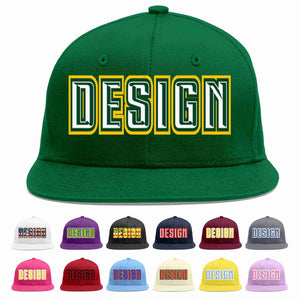 Custom Green White-Kelly Green Flat Eaves Sport Baseball Cap Design for Men/Women/Youth