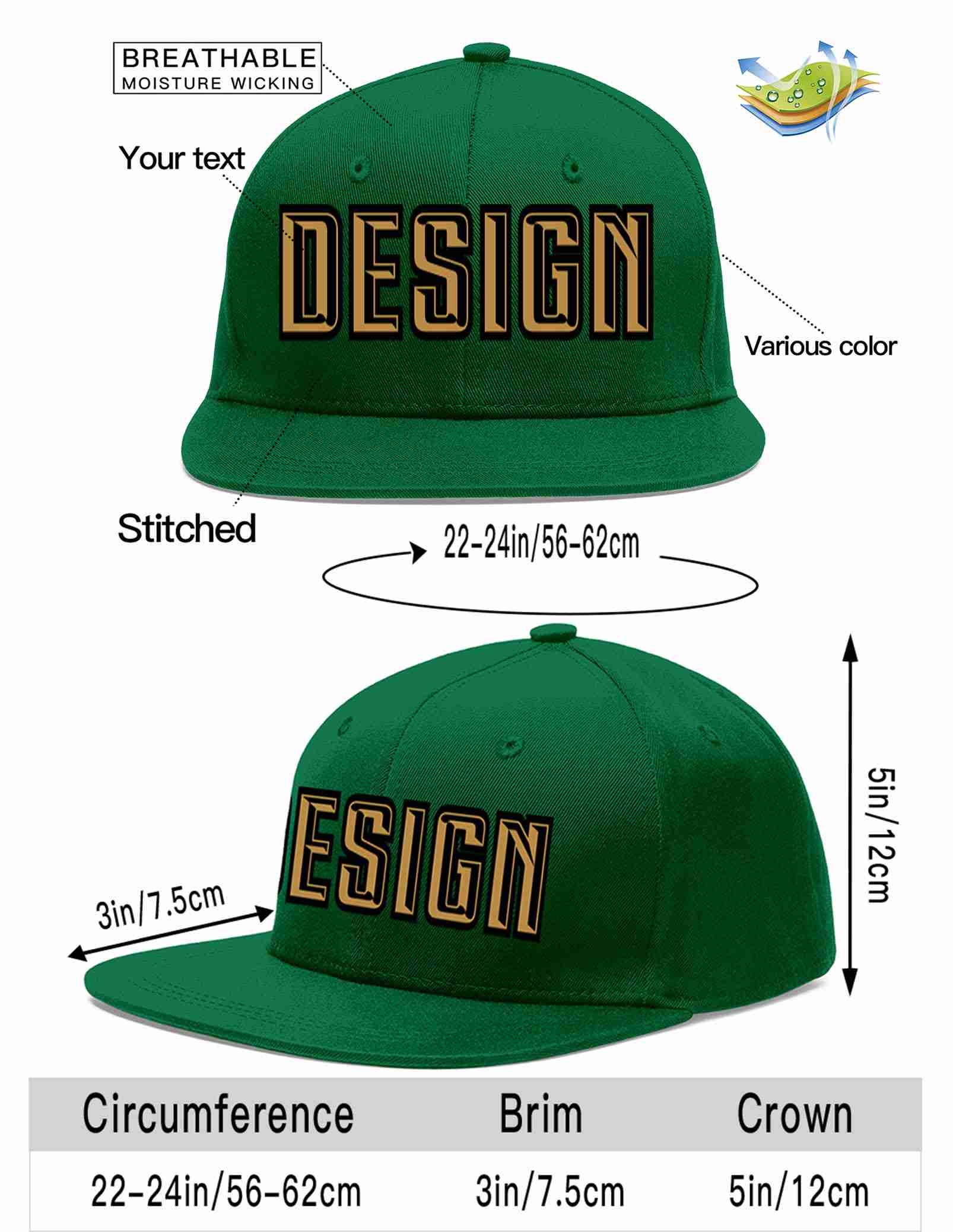 Custom Green Old Gold-Black Flat Eaves Sport Baseball Cap Design for Men/Women/Youth