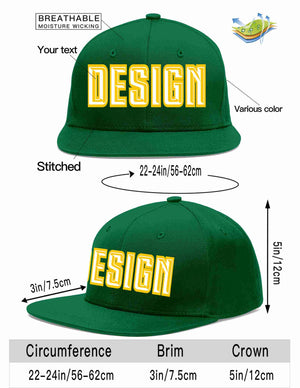 Custom Green White-Gold Flat Eaves Sport Baseball Cap Design for Men/Women/Youth