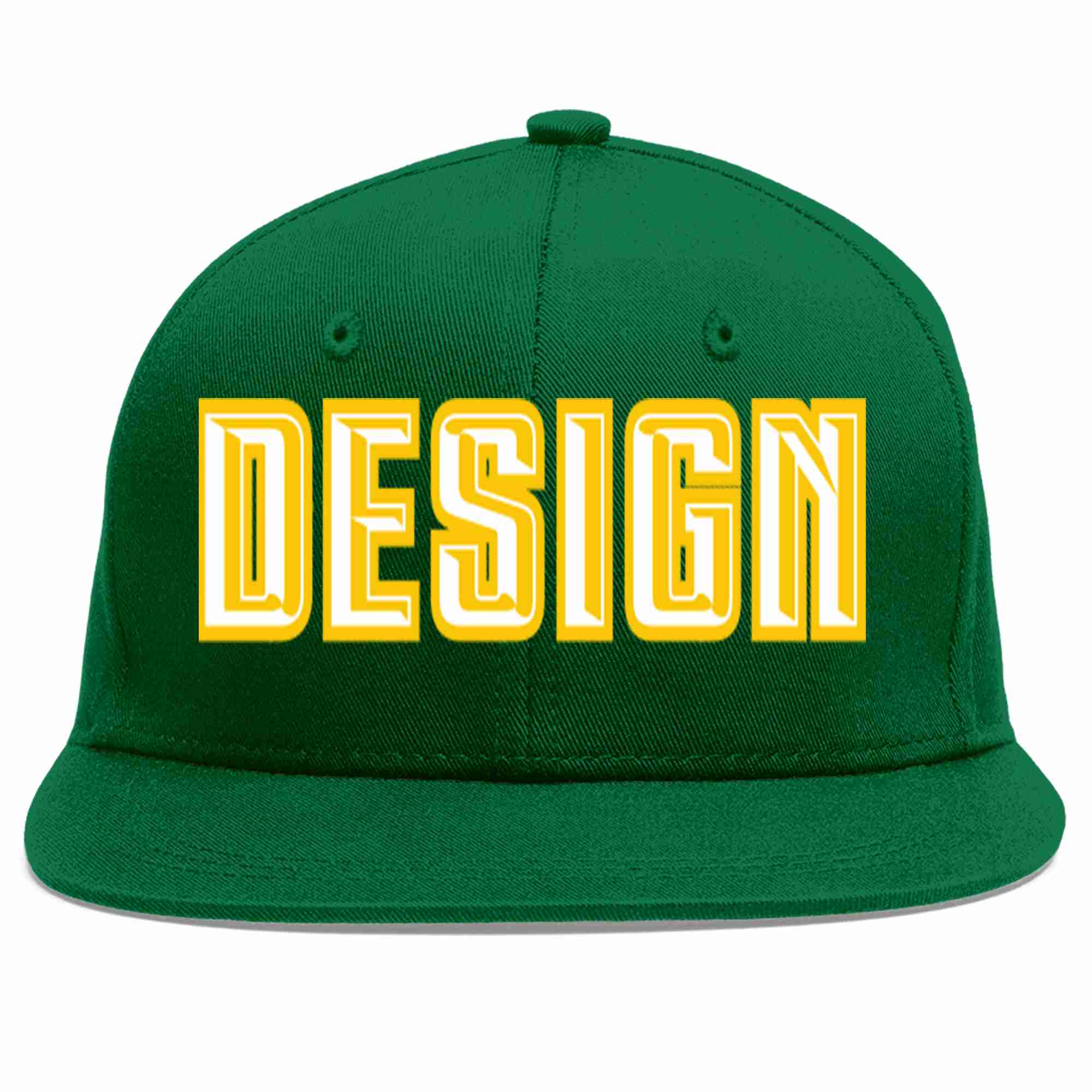 Custom Green White-Gold Flat Eaves Sport Baseball Cap Design for Men/Women/Youth