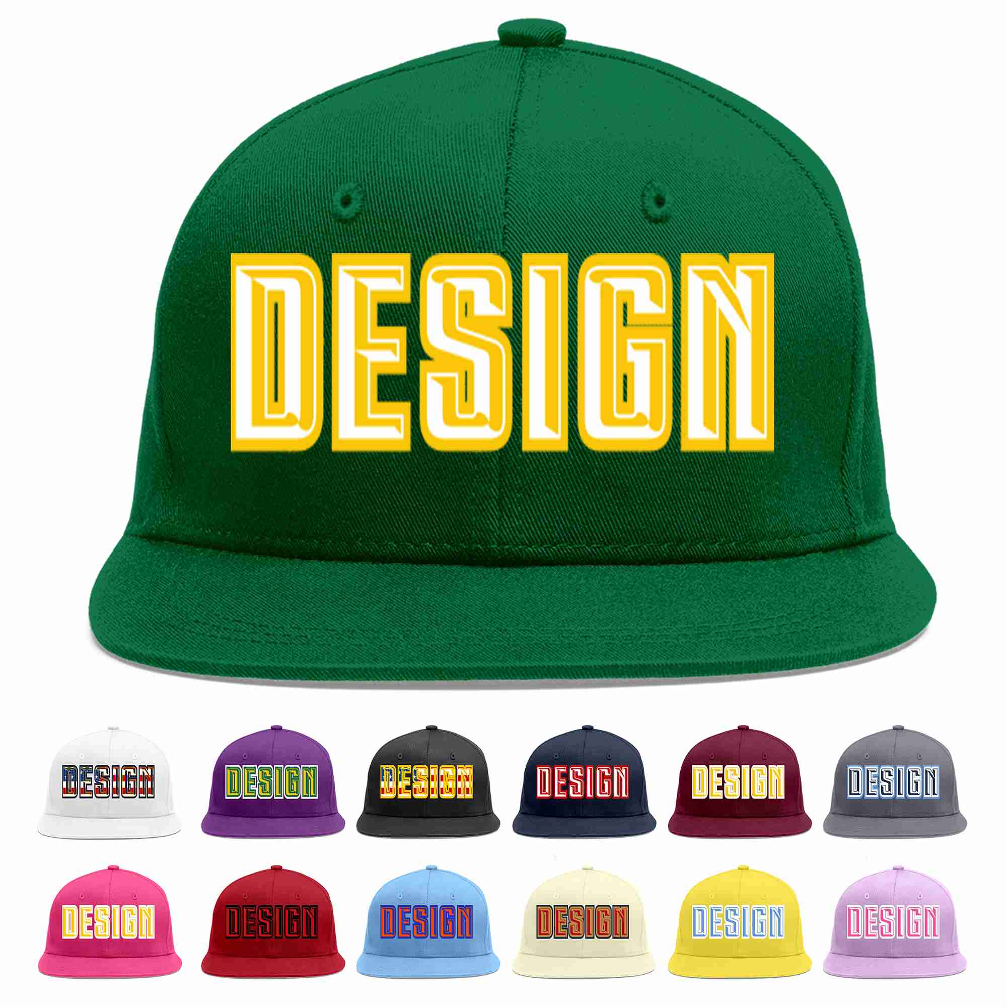 Custom Green White-Gold Flat Eaves Sport Baseball Cap Design for Men/Women/Youth