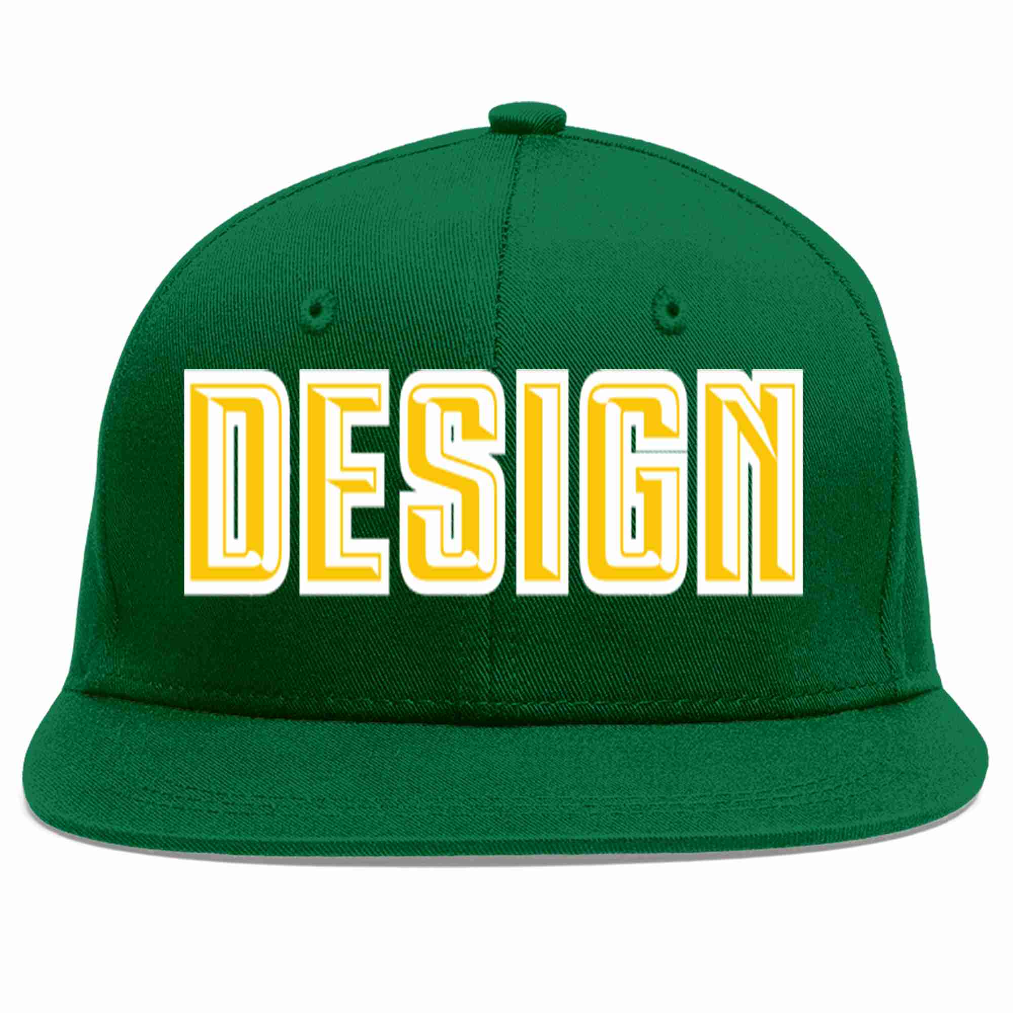 Custom Green Gold-White Flat Eaves Sport Baseball Cap Design for Men/Women/Youth