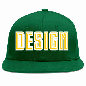 Custom Green Gold-White Flat Eaves Sport Baseball Cap Design for Men/Women/Youth