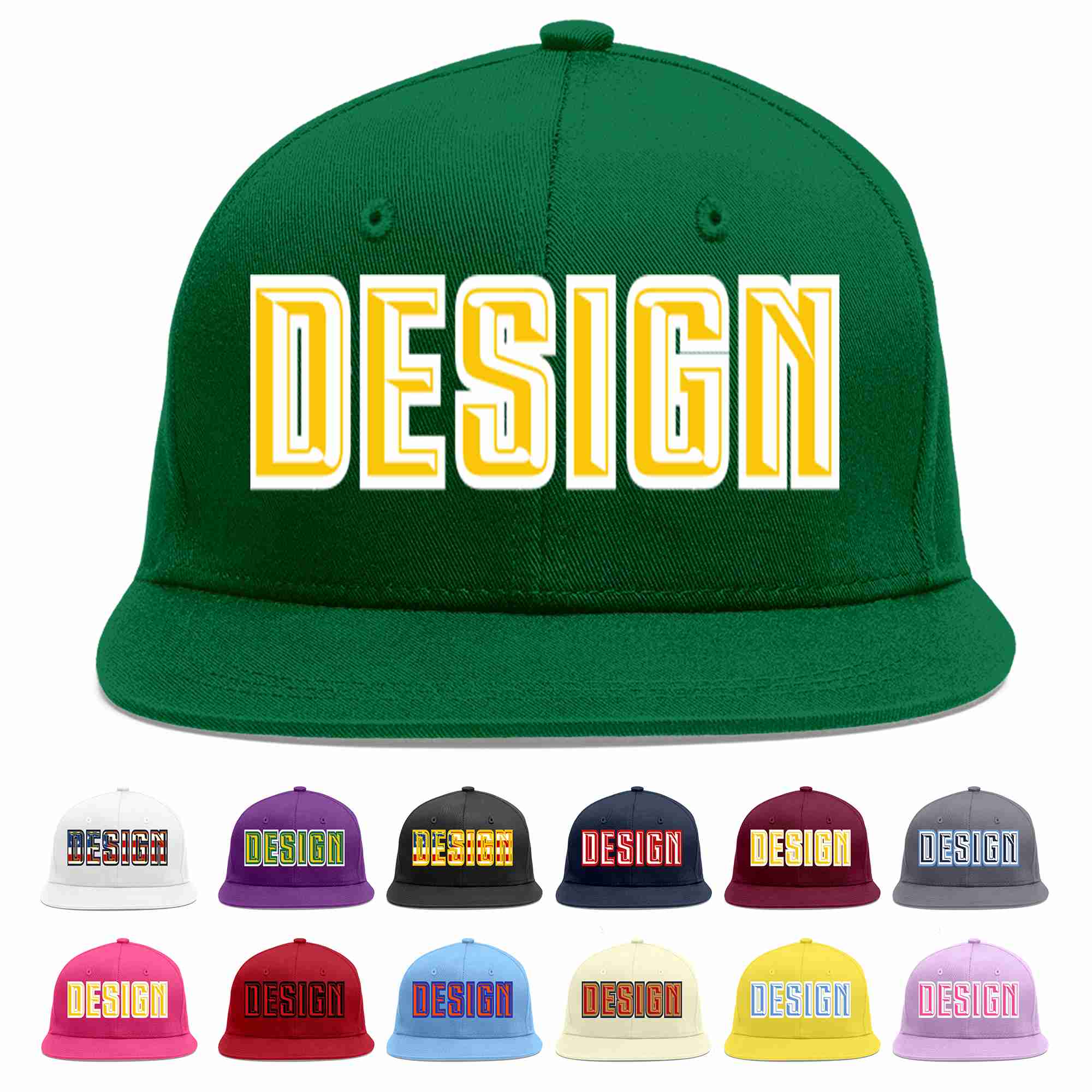 Custom Green Gold-White Flat Eaves Sport Baseball Cap Design for Men/Women/Youth