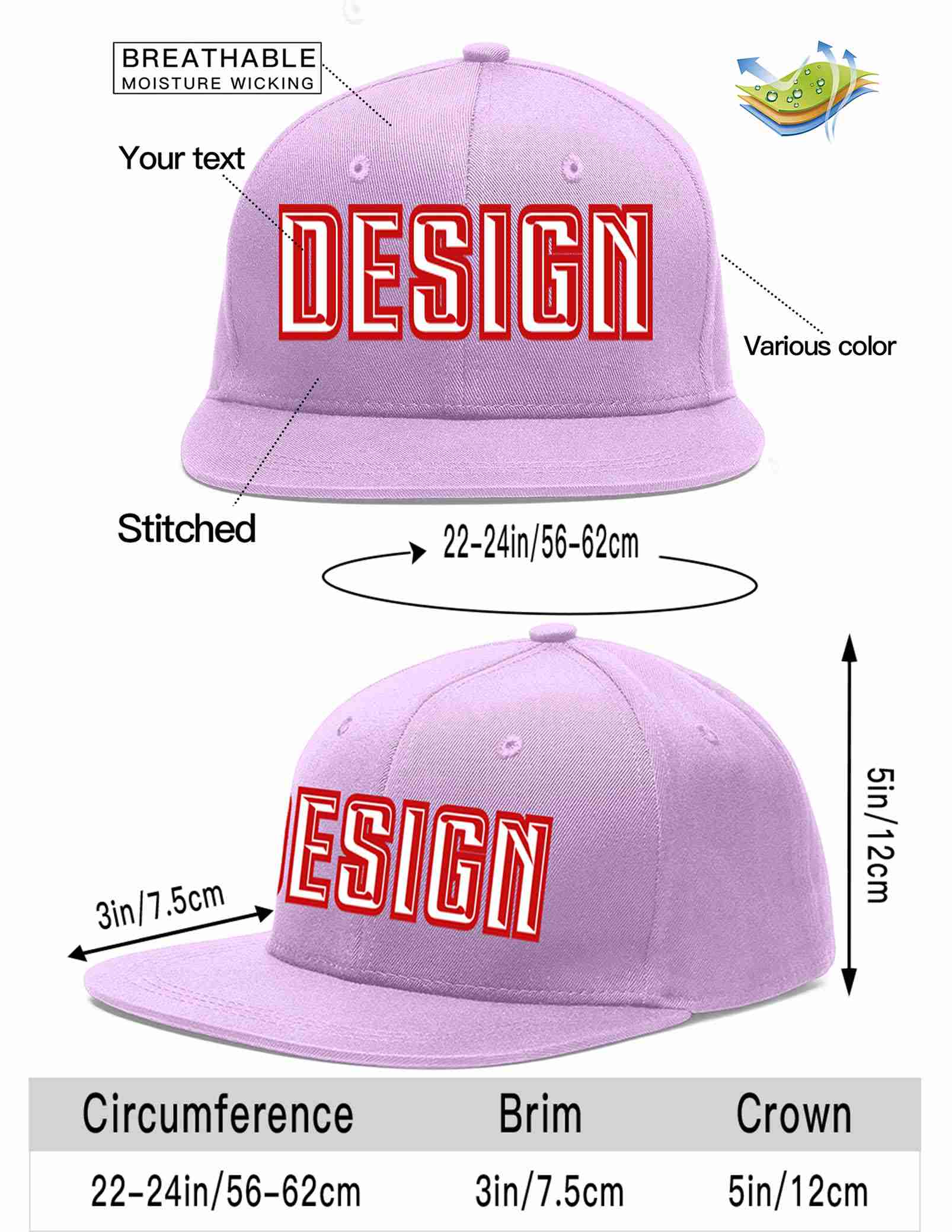 Custom Light Purple White-Red Flat Eaves Sport Baseball Cap Design for Men/Women/Youth