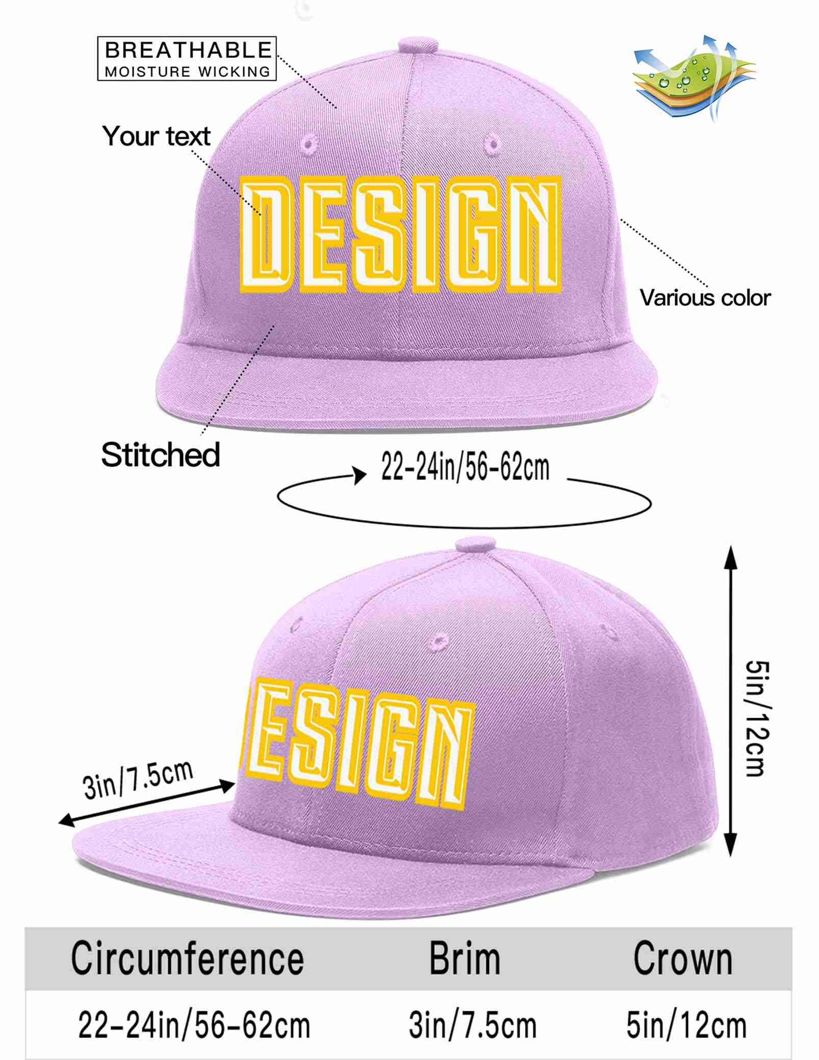 Custom Light Purple White-Gold Flat Eaves Sport Baseball Cap Design for Men/Women/Youth