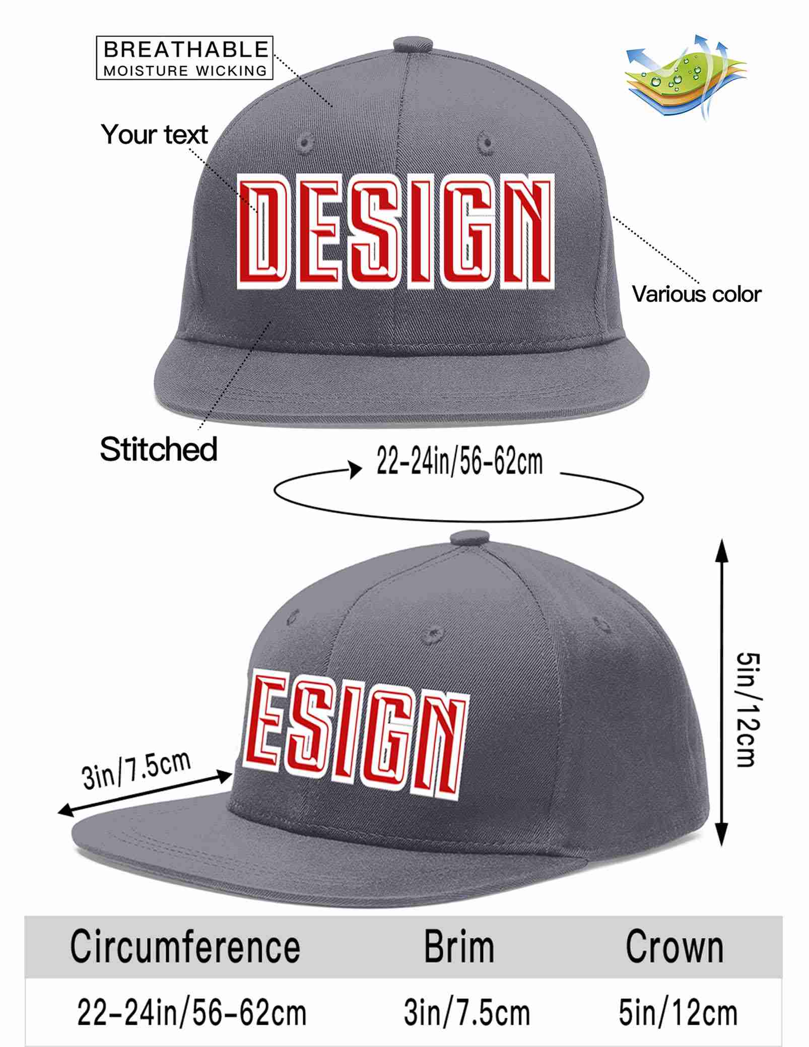 Custom Dark Gray Red-White Flat Eaves Sport Baseball Cap Design for Men/Women/Youth