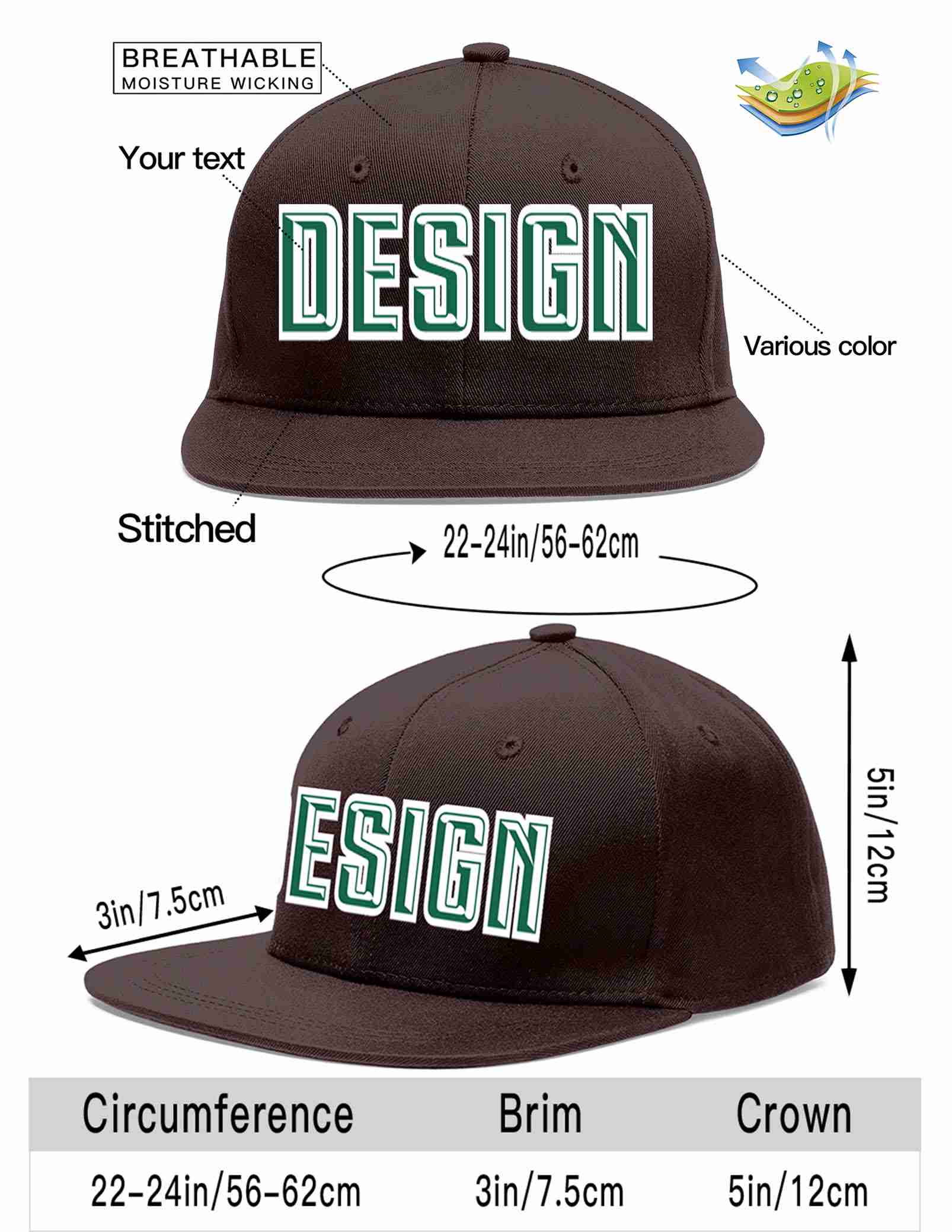 Custom Brown Kelly Green-White Flat Eaves Sport Baseball Cap Design for Men/Women/Youth