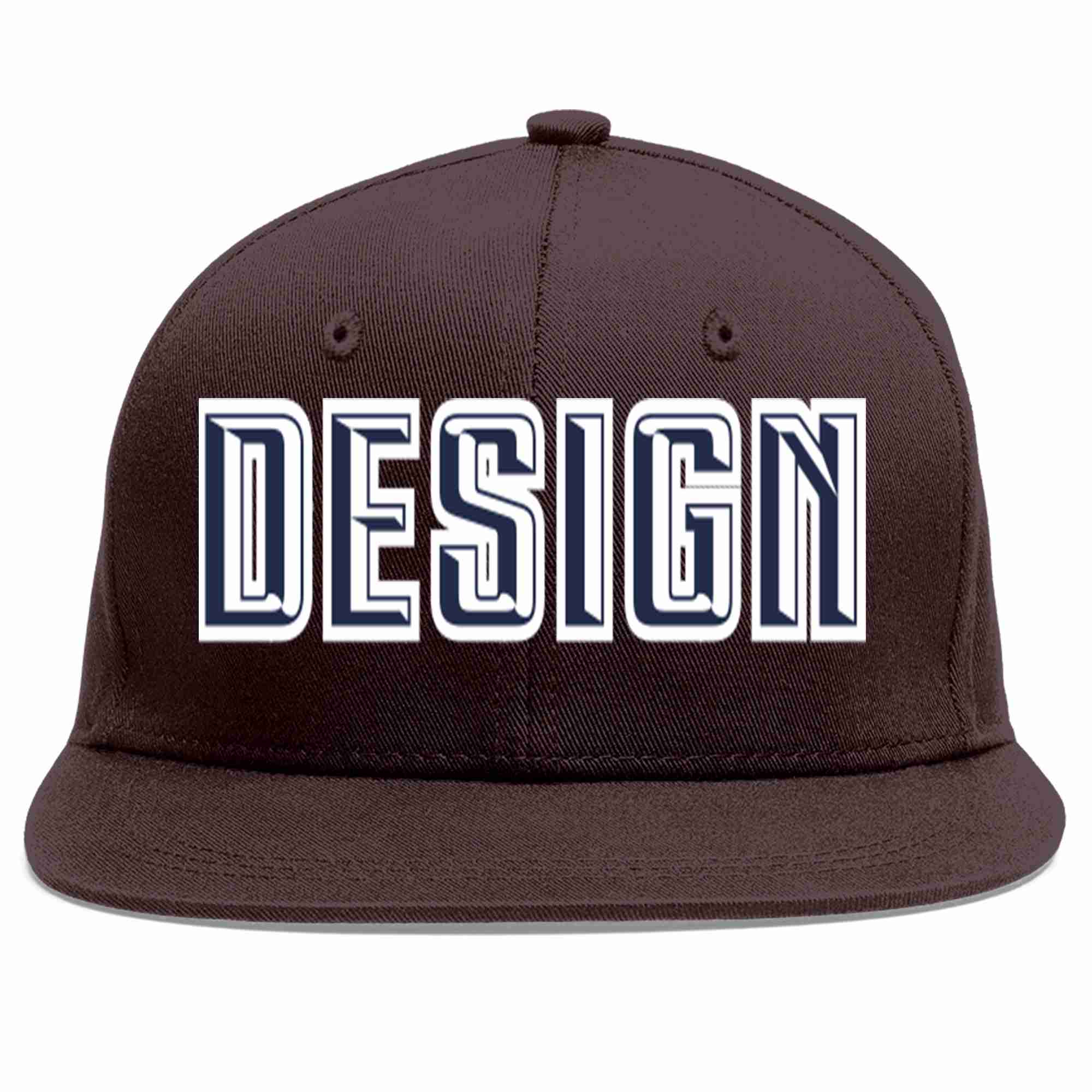 Custom Brown Navy-White Flat Eaves Sport Baseball Cap Design for Men/Women/Youth