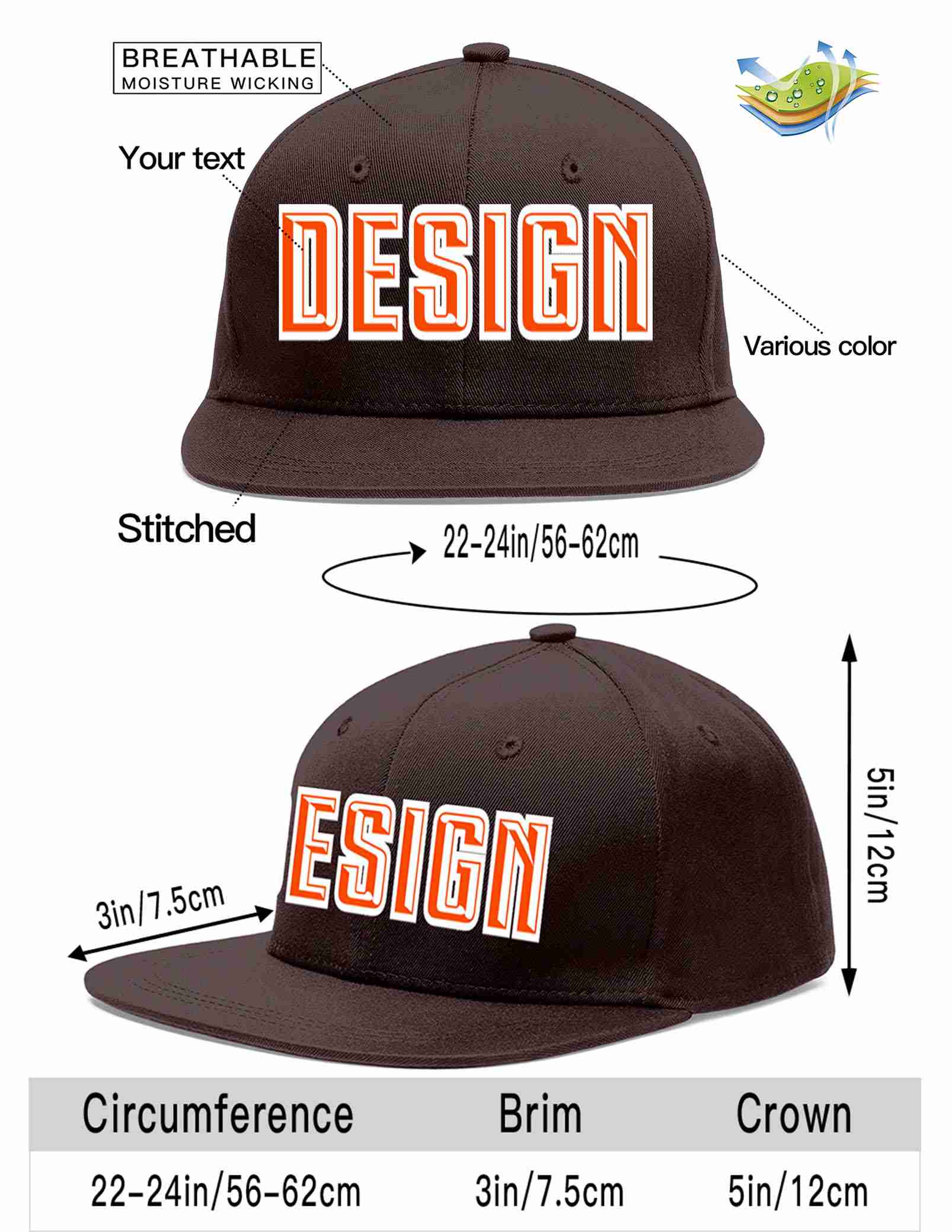 Conception personnalisée de casquette de baseball de sport à avant-toit plat marron orange-blanc pour hommes/femmes/jeunes