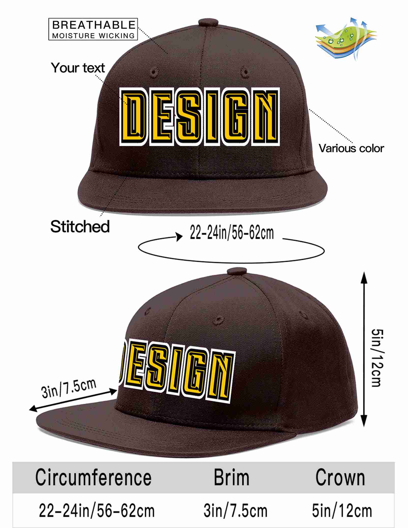 Custom Brown Gold-Black Flat Eaves Sport Baseball Cap Design for Men/Women/Youth