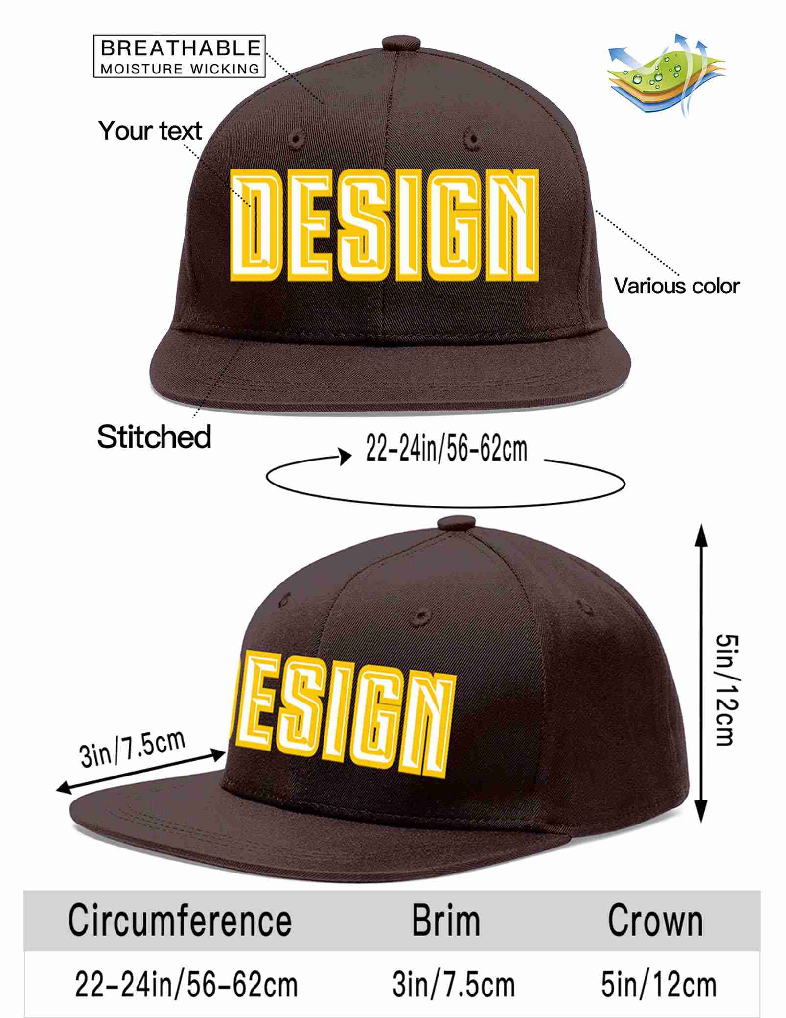 Custom Brown White-Gold Flat Eaves Sport Baseball Cap Design for Men/Women/Youth