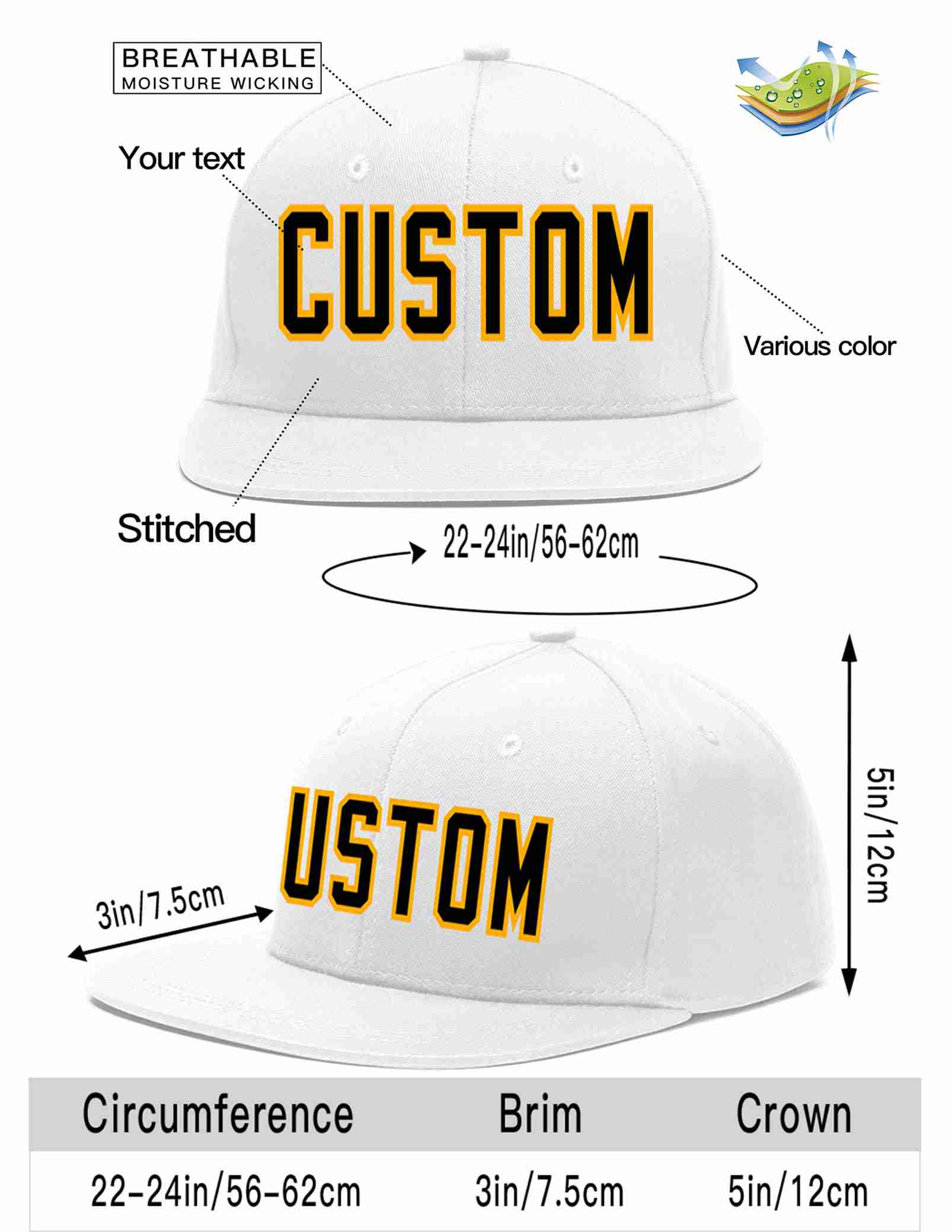 Custom White Black-Yellow Casual Sport Baseball Cap