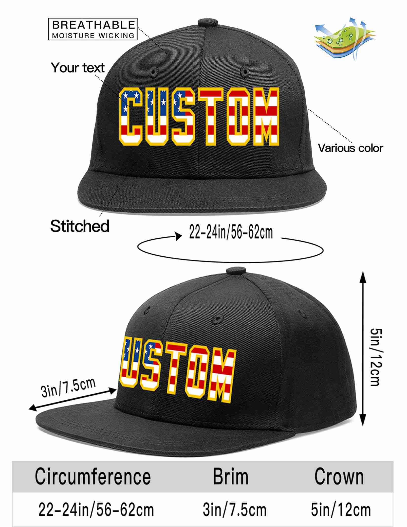 Custom Black Vintage?USA?Flag-Gold Casual Sport Baseball Cap