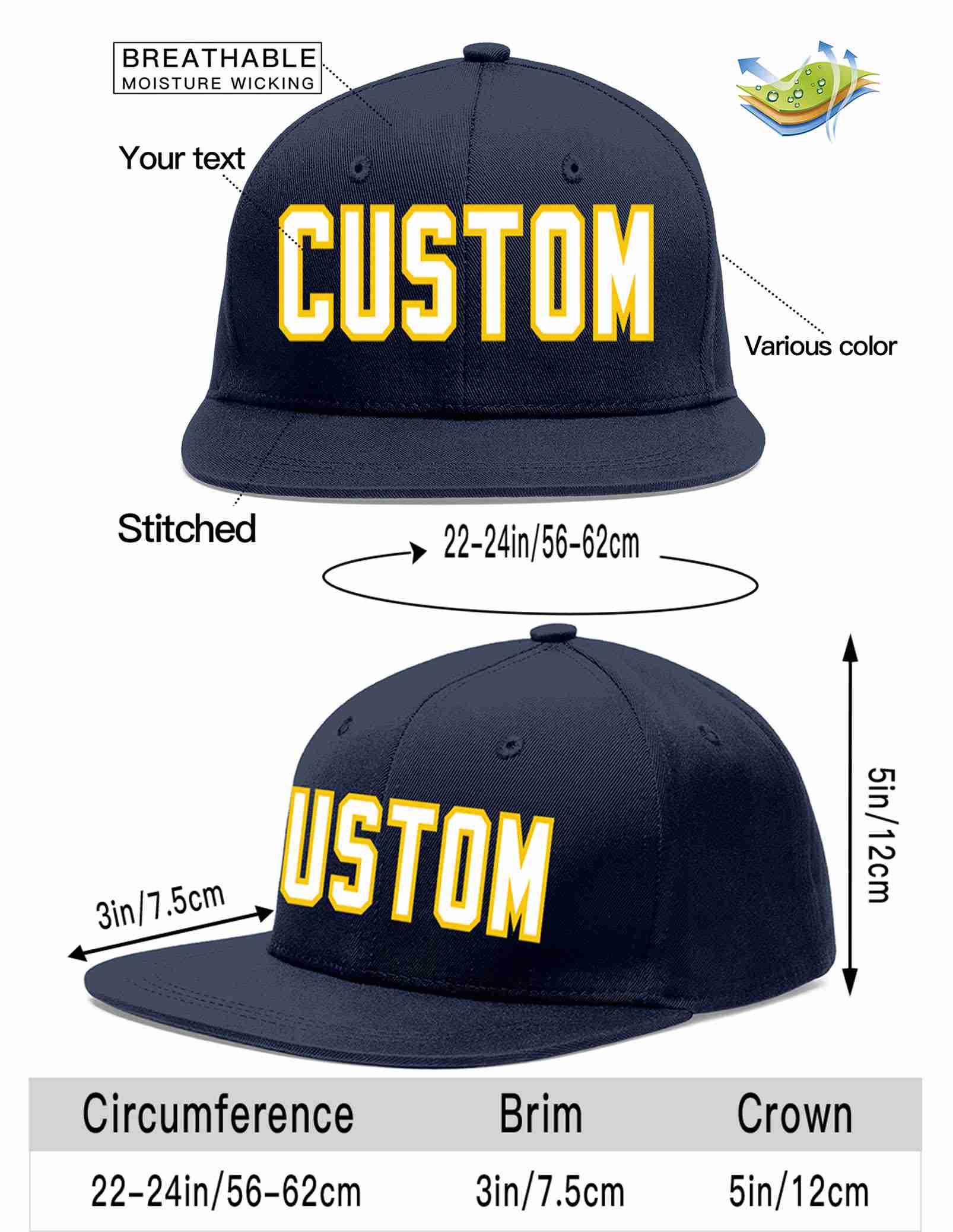 Custom Navy White-Gold Casual Sport Baseball Cap