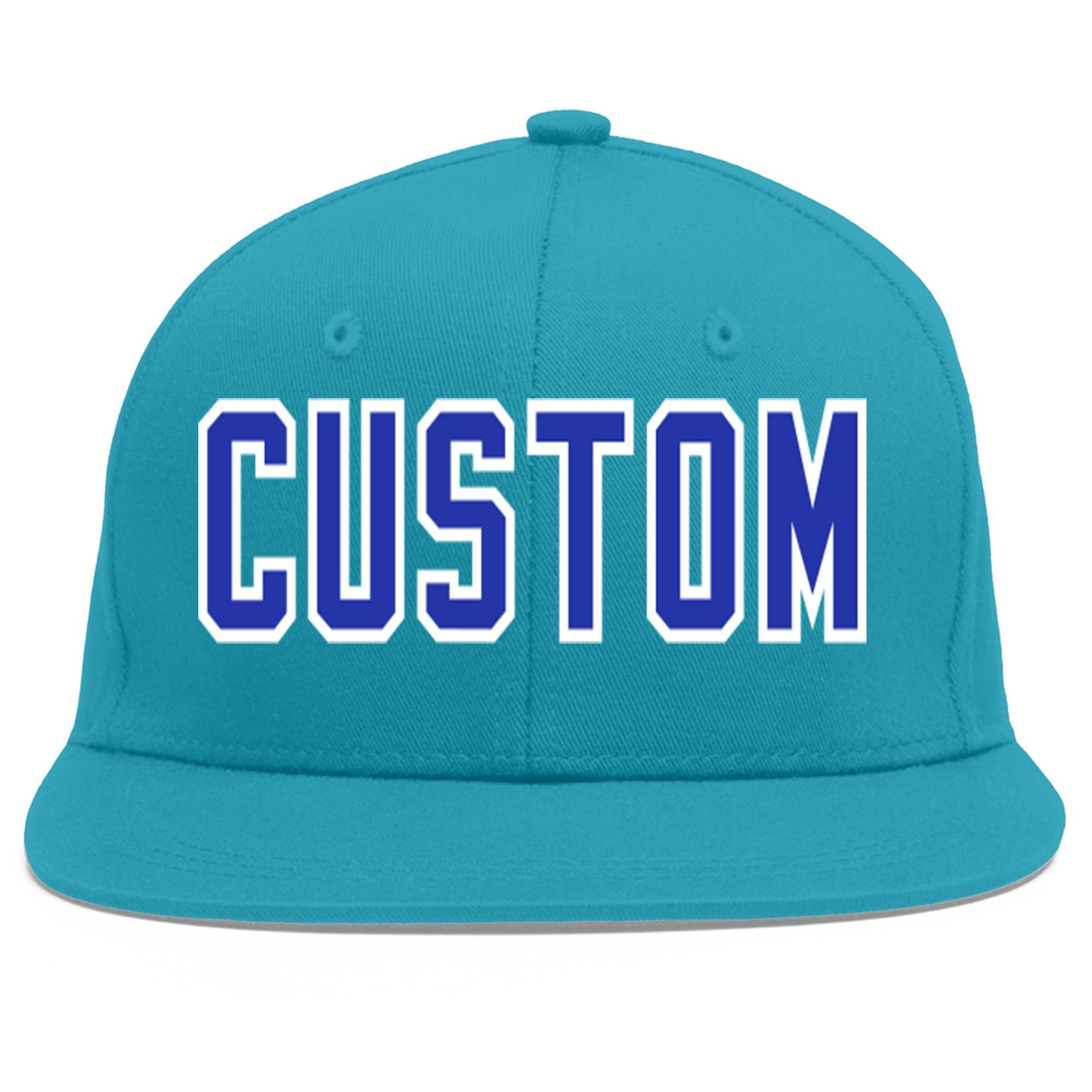 Custom Aqua Royal-White Flat Eaves Sport Baseball Cap