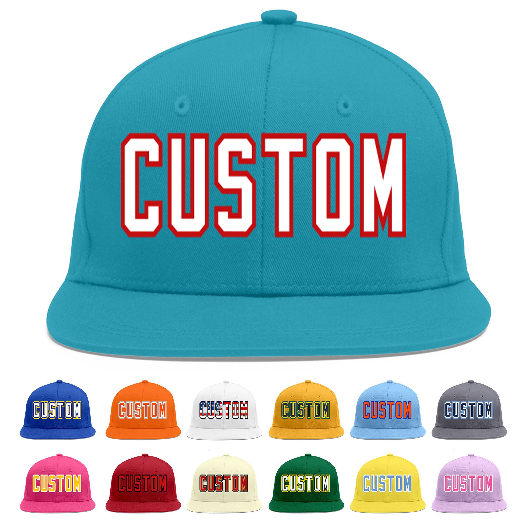 Custom Aqua White-Red Flat Eaves Sport Baseball Cap