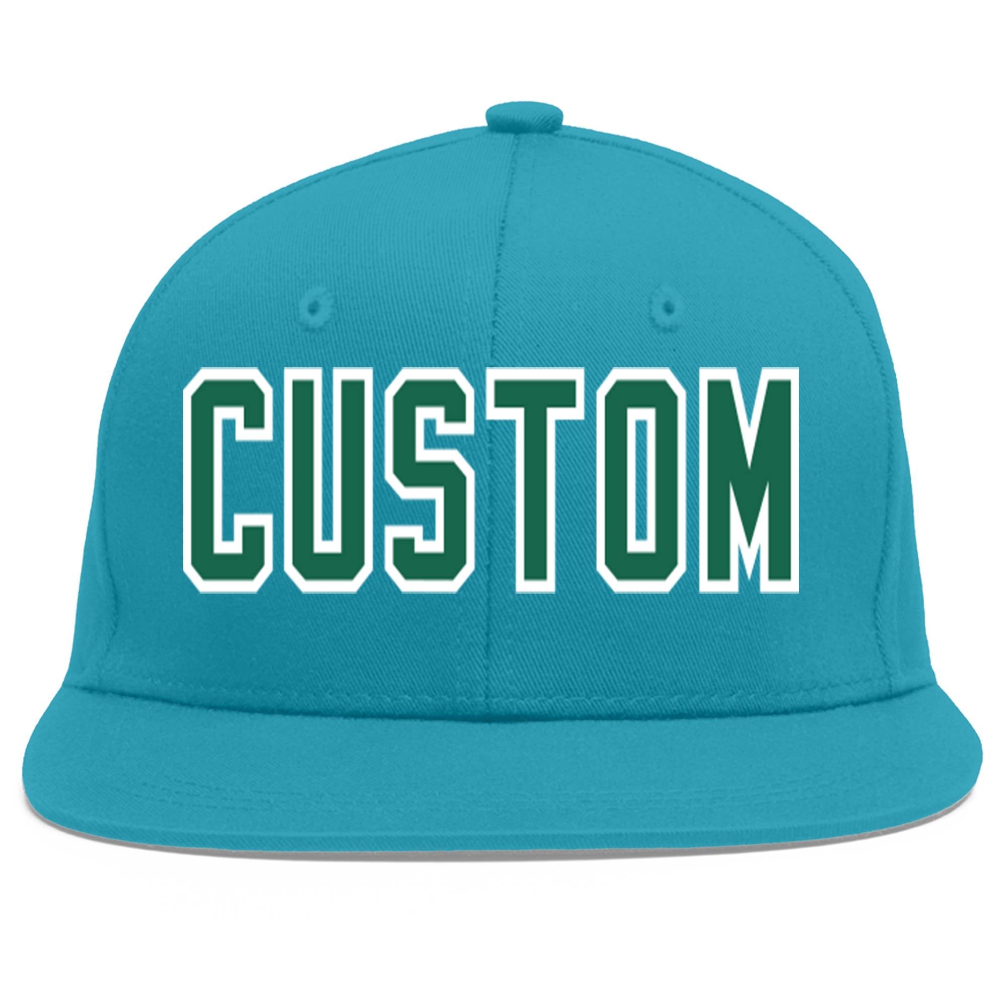 Custom Aqua Kelly Green-White Flat Eaves Sport Baseball Cap