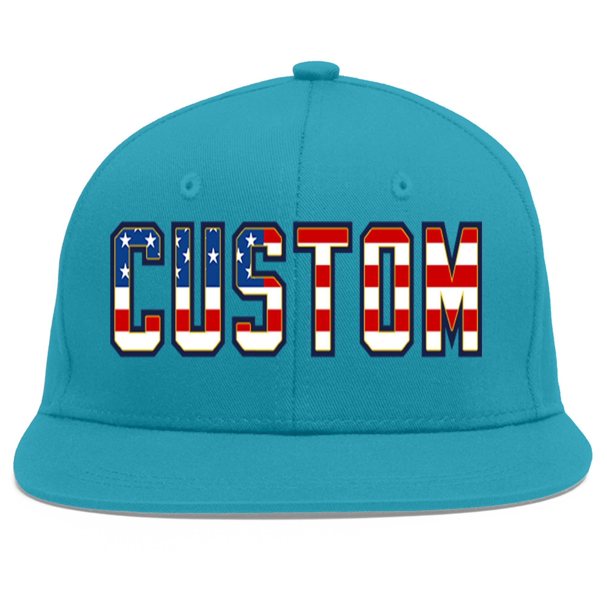 Custom Aqua Vintage USA Flag-Gold Flat Eaves Sport Baseball Cap