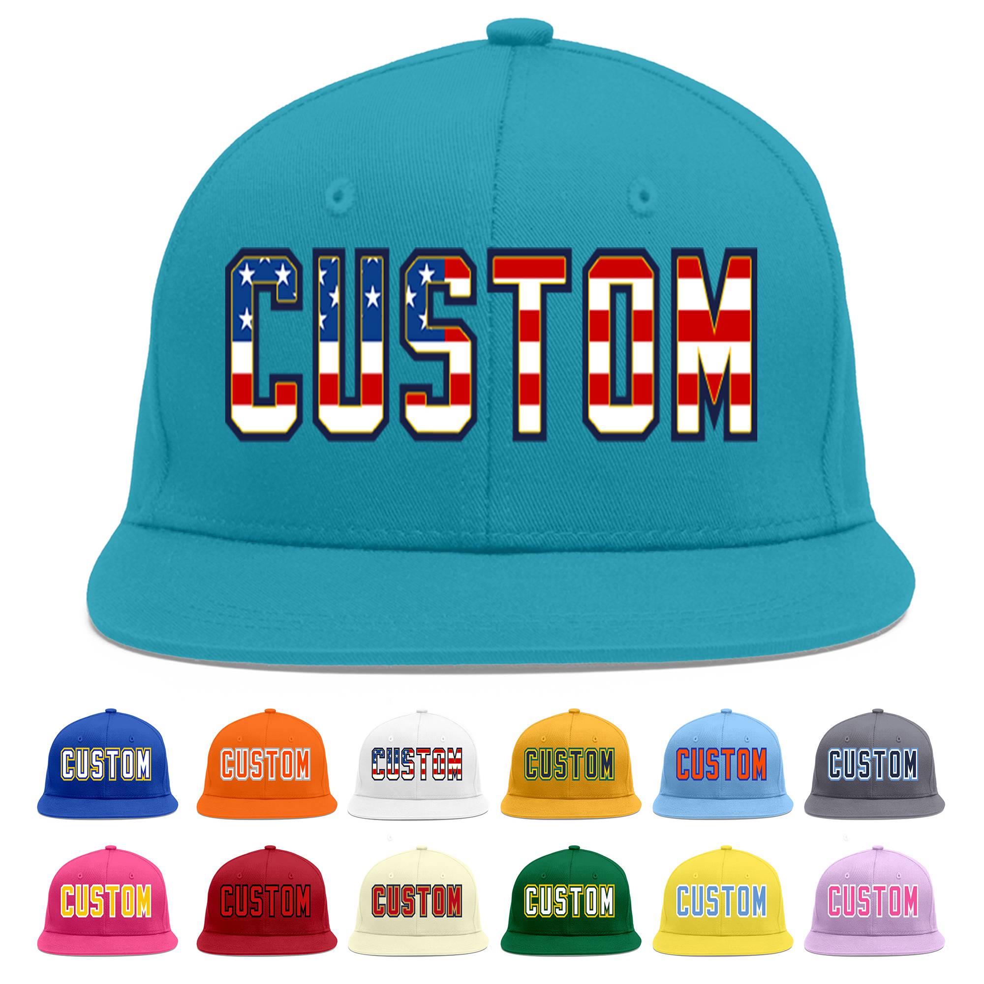 Custom Aqua Vintage USA Flag-Gold Flat Eaves Sport Baseball Cap