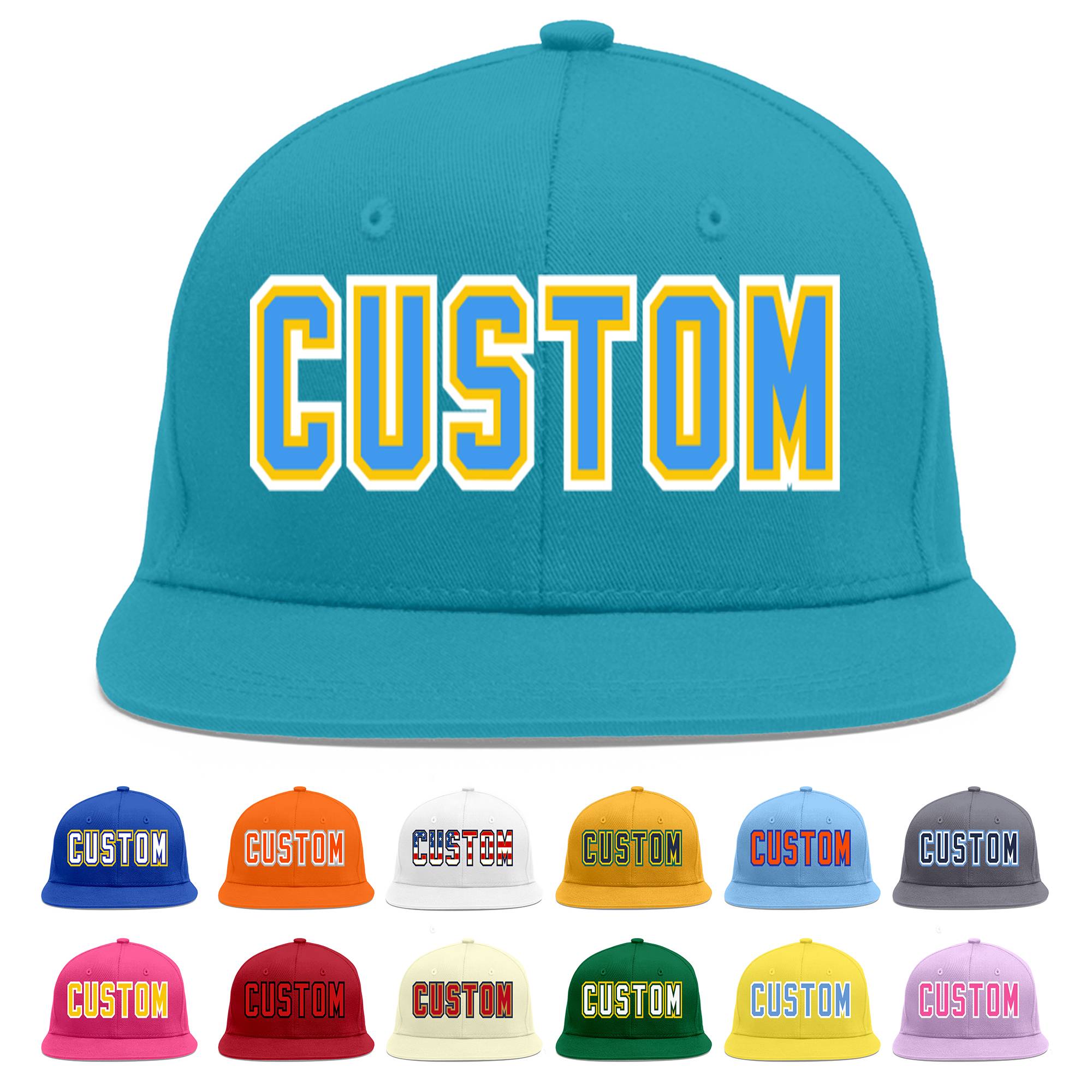 Casquette de baseball sport personnalisée Aqua Powder bleu-or Flat Eaves