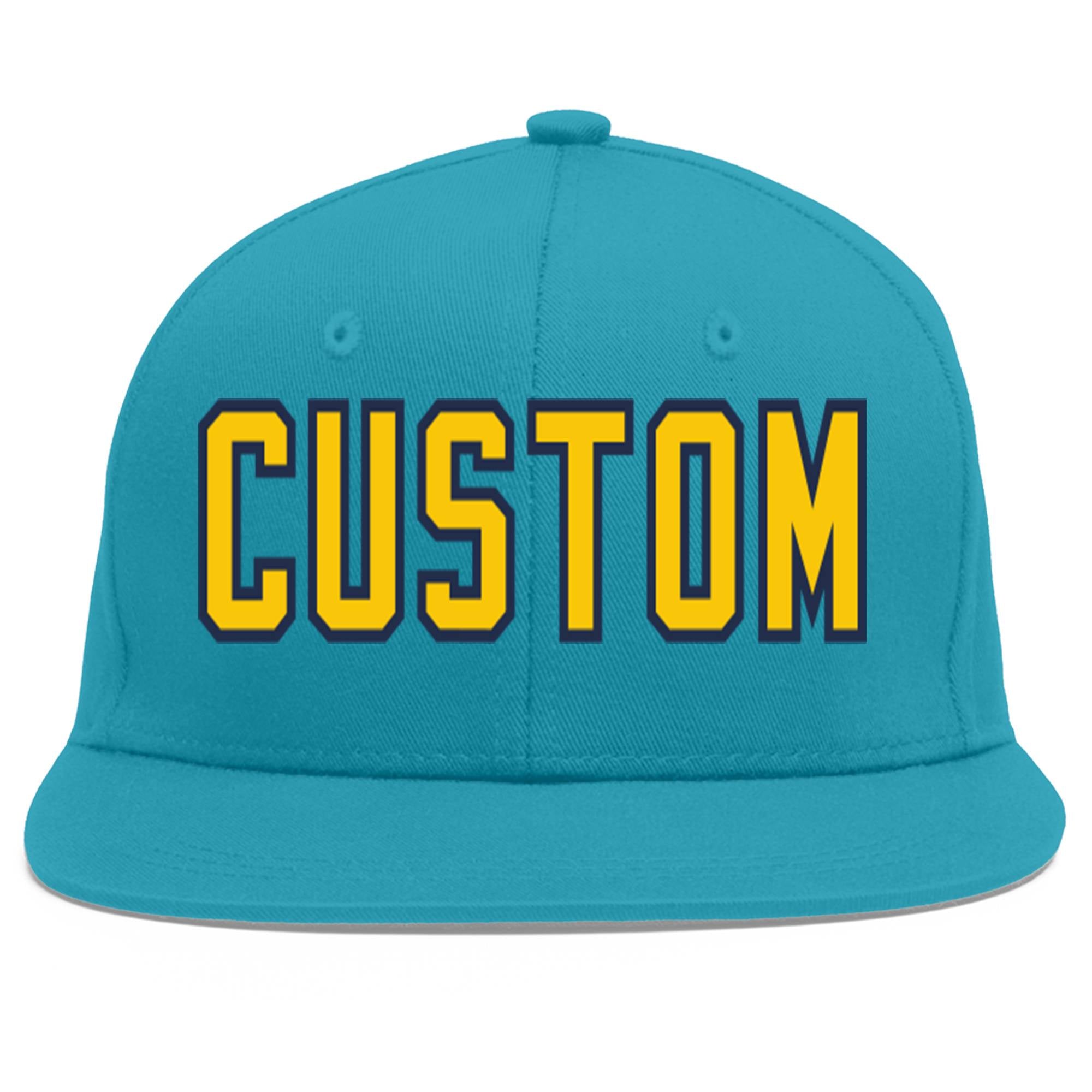 Custom Aqua Gold-Navy Flat Eaves Sport Baseball Cap