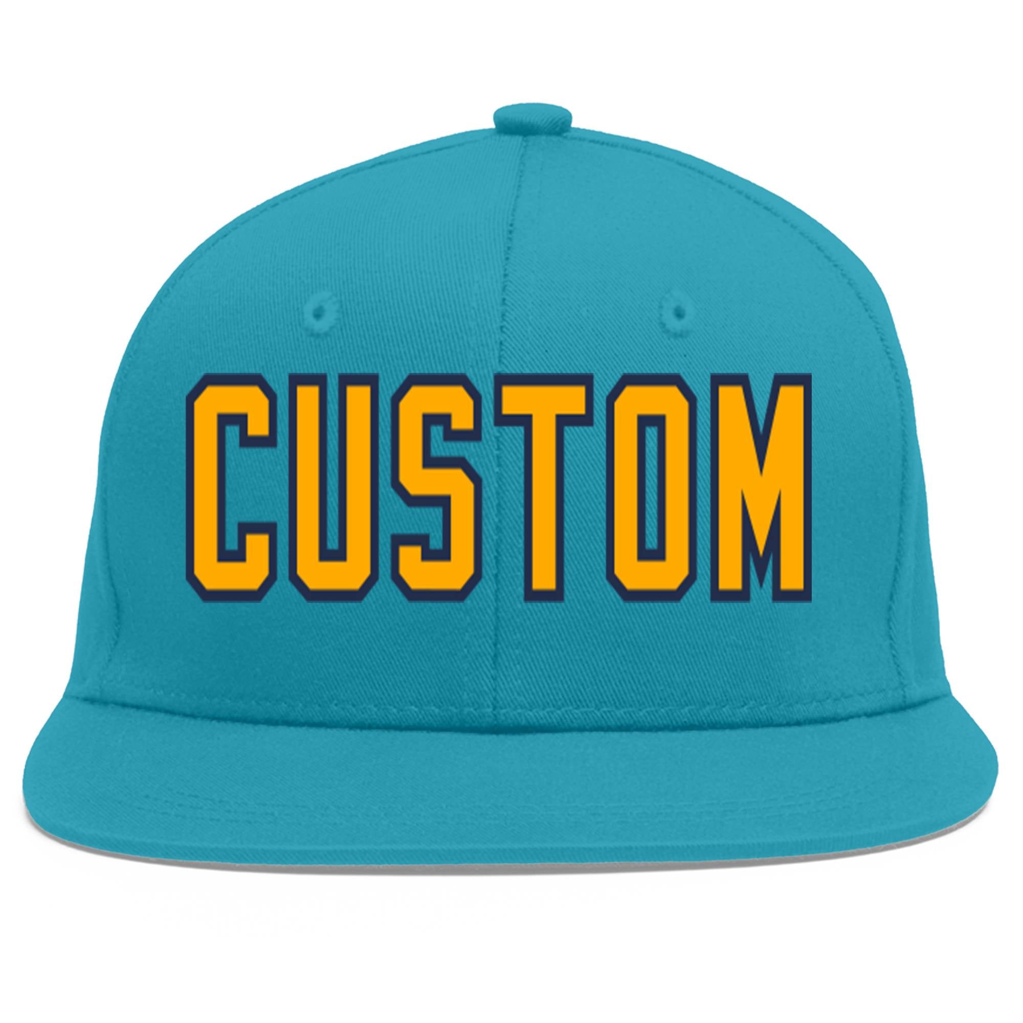 Custom Aqua Yellow-Navy Flat Eaves Sport Baseball Cap